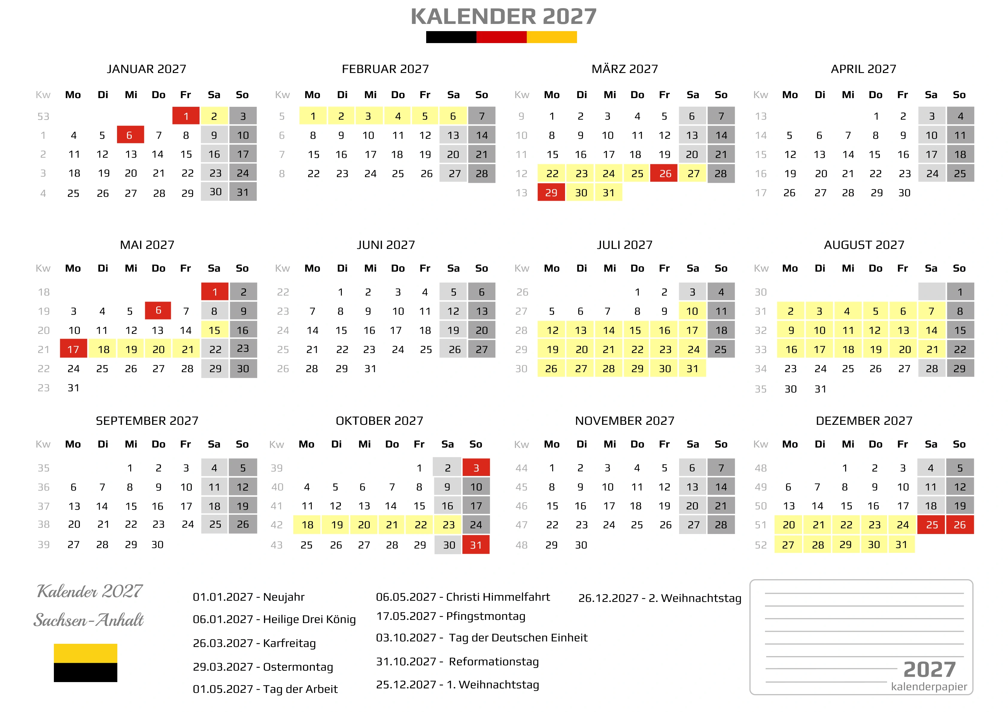 Kalender 2027 Sachsen-Anhalt mit Ferien