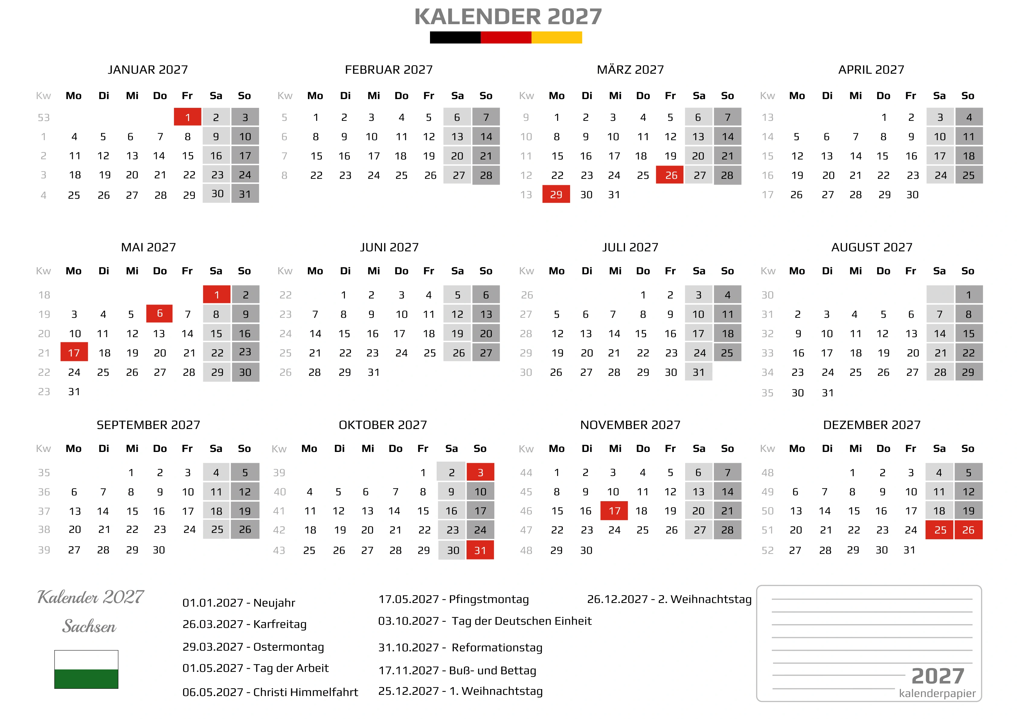 Kalender 2027 Sachsen mit Feiertagen