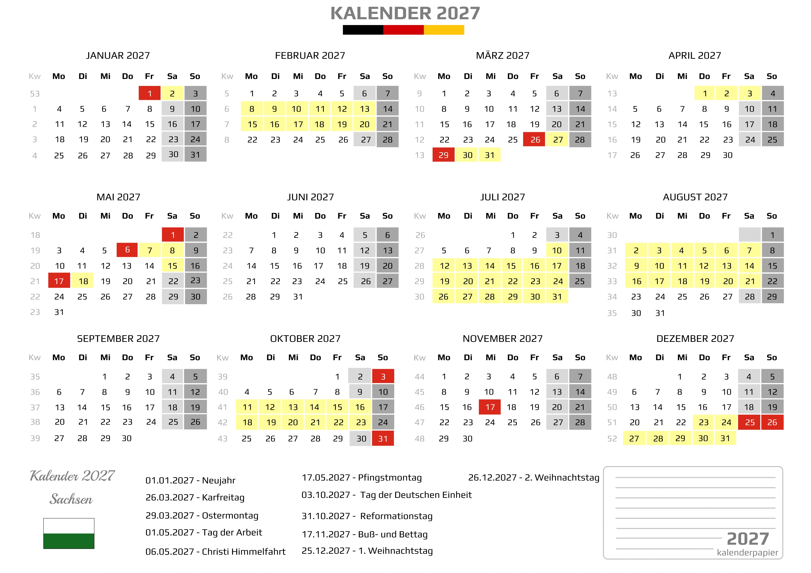 Kalender 2027 Sachsen mit Ferien