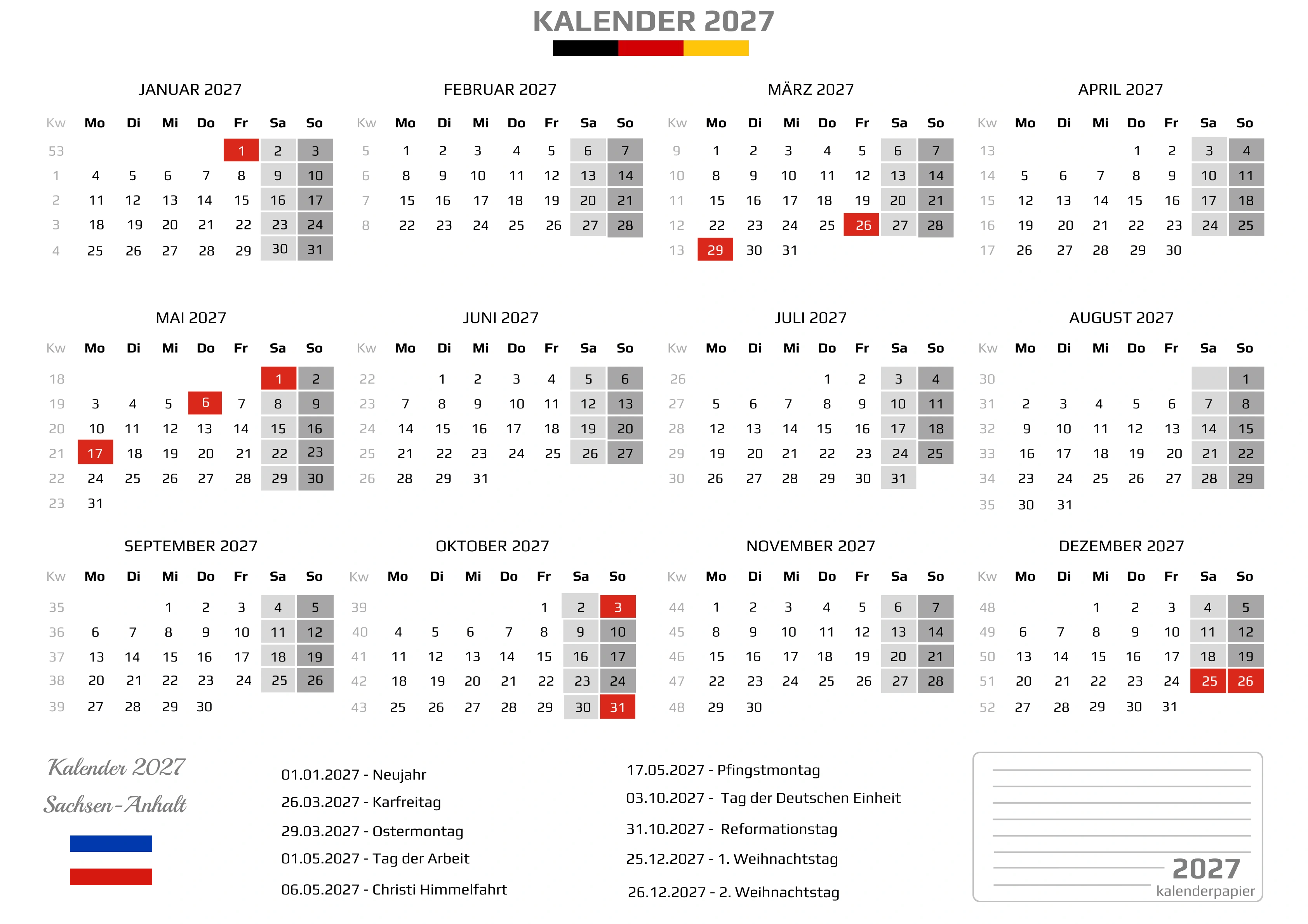 Kalender 2027 Schleswig-Holstein mit Feiertagen