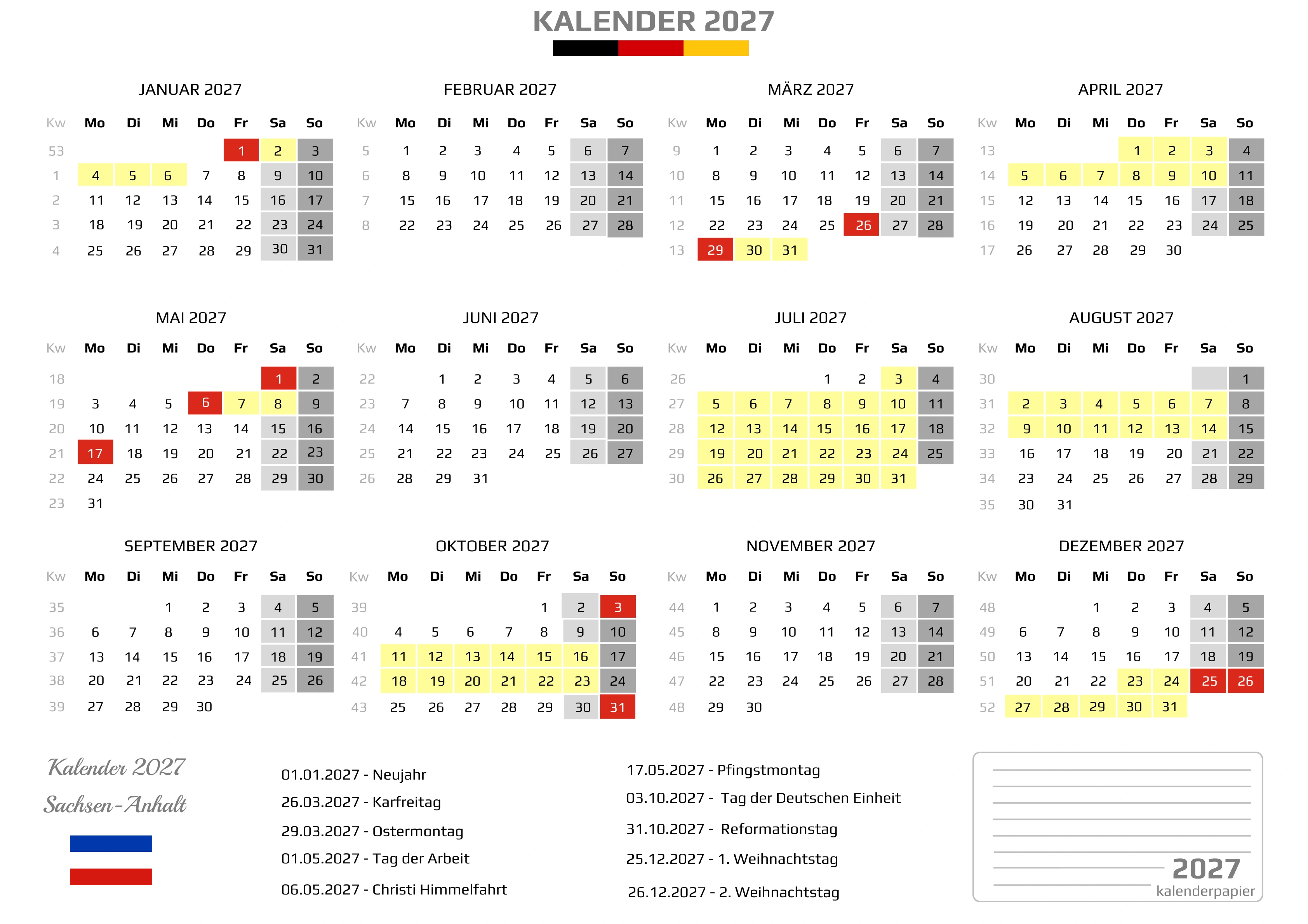 Kalender 2027 Schleswig-Holstein mit Ferien