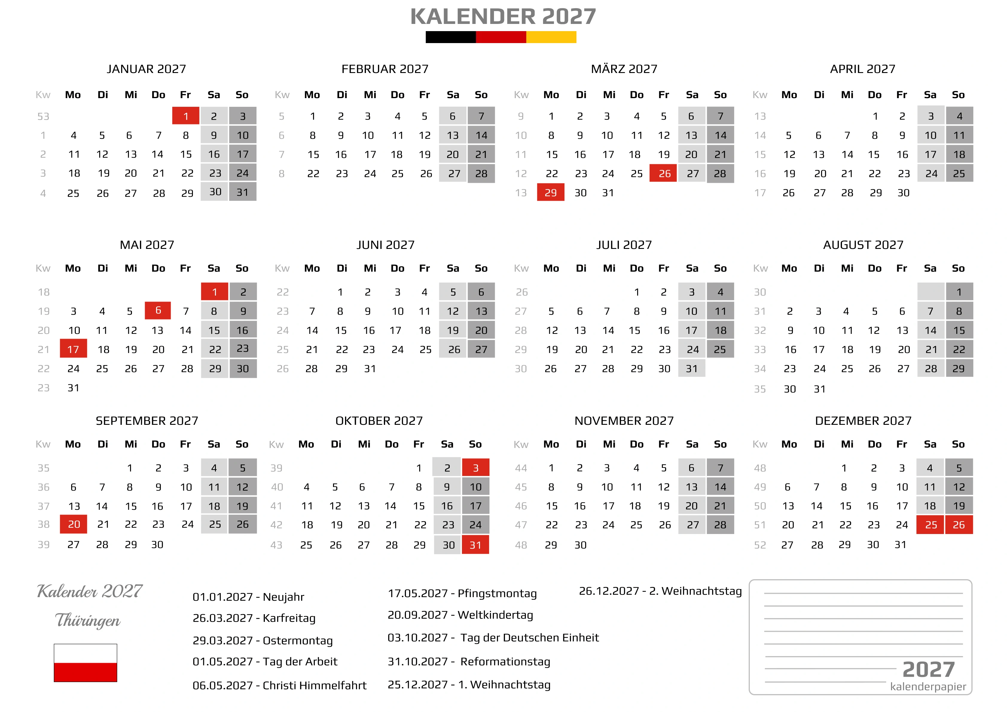 Kalender 2027 Thüringen mit Feiertagen
