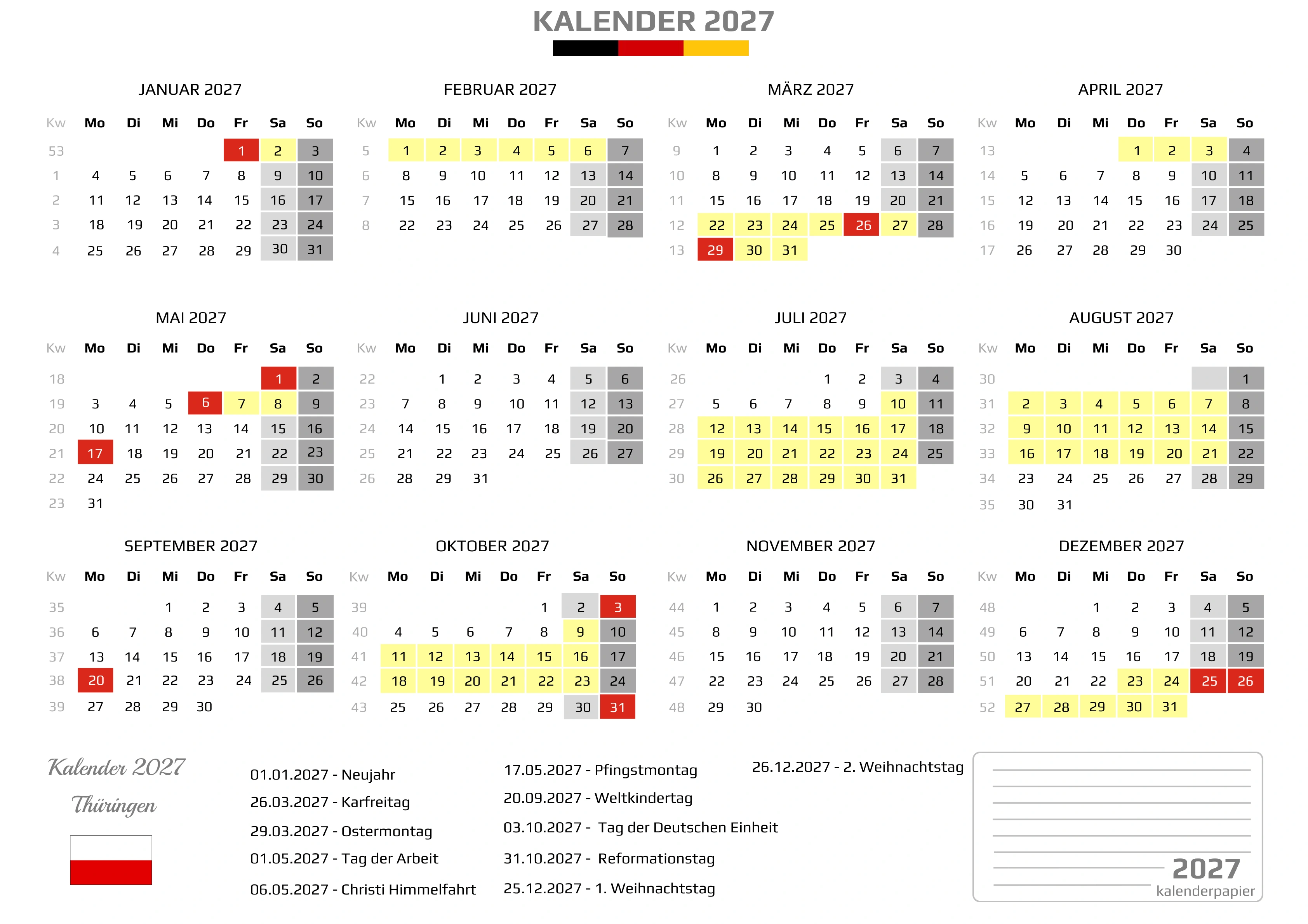 Kalender 2027 Thüringen mit Ferien