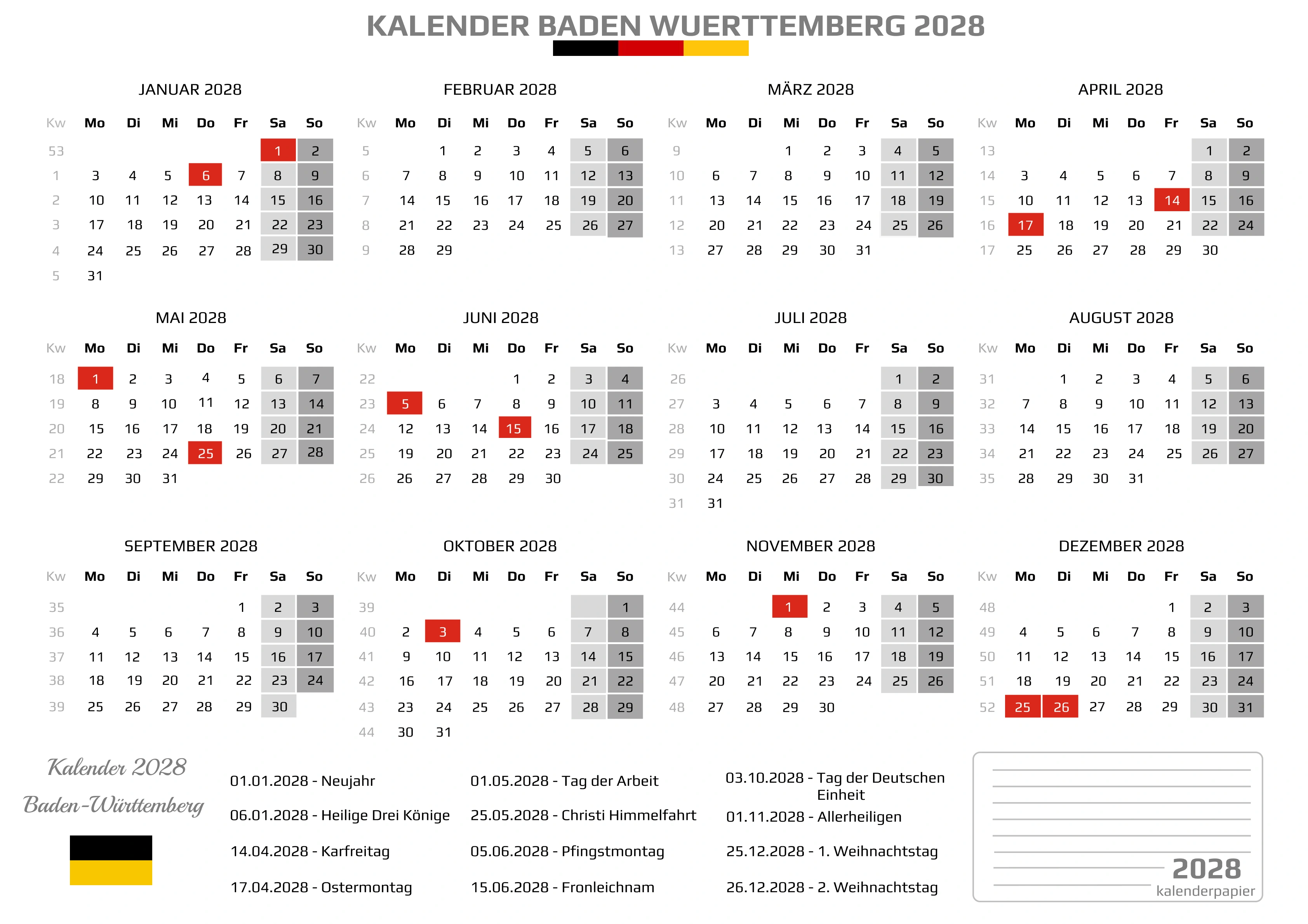 Kalender 2028 Baden-Württemberg mit Feiertagen