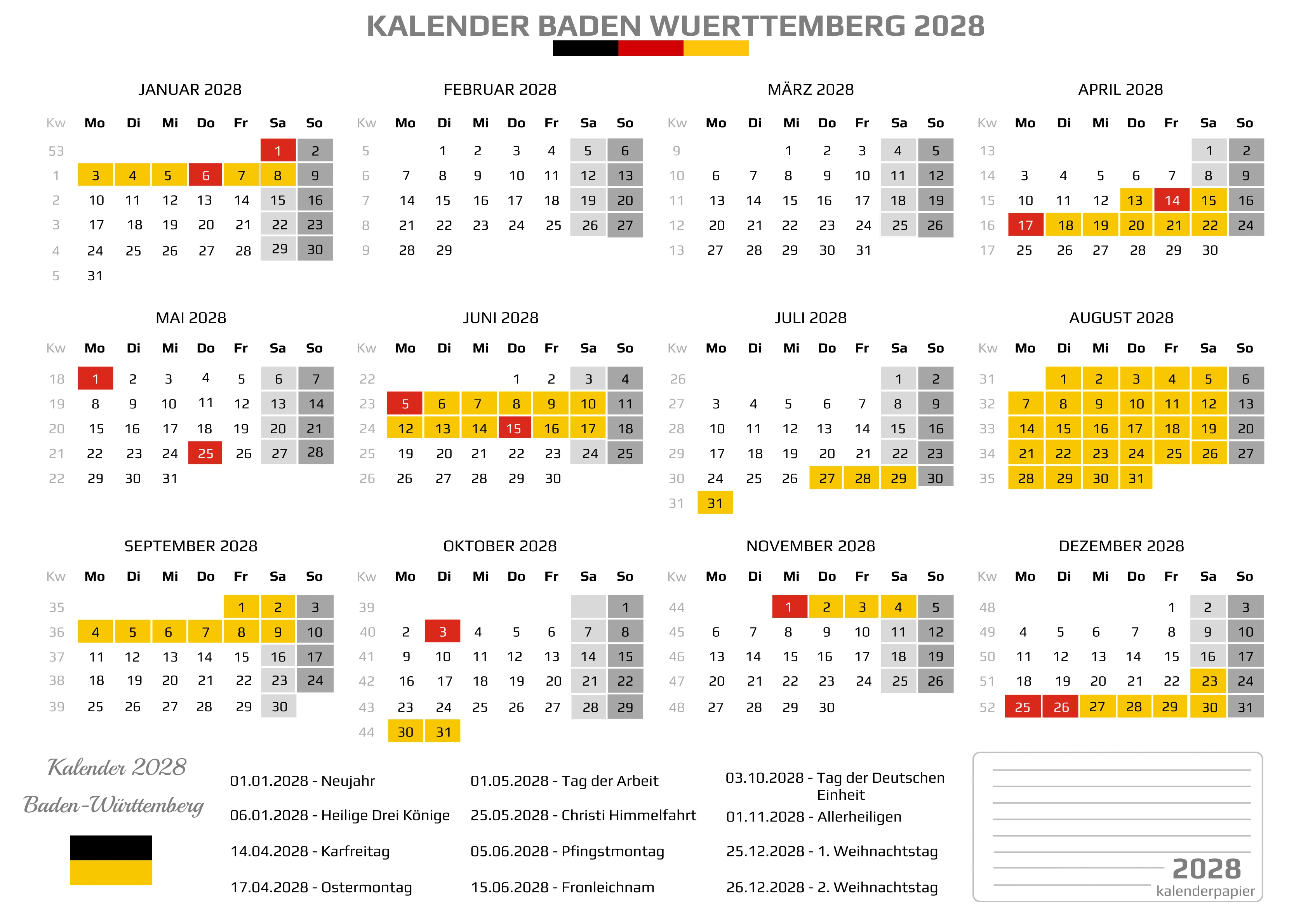 Kalender 2028 Baden-Württemberg mit Ferien