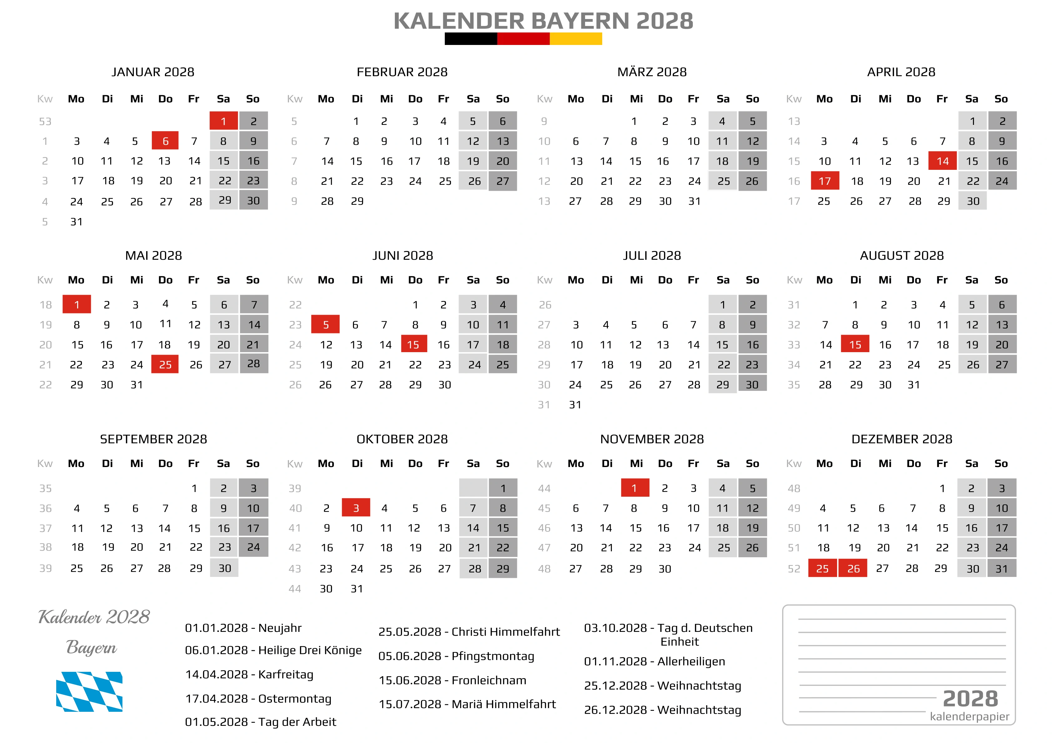 Kalender 2028 Bayern mit Feiertagen