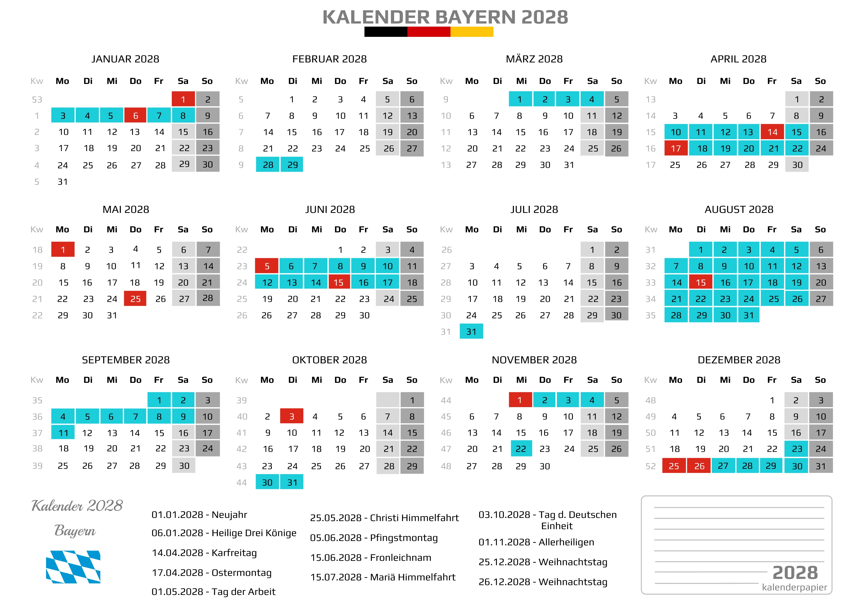 Kalender 2028 Bayern mit Ferien