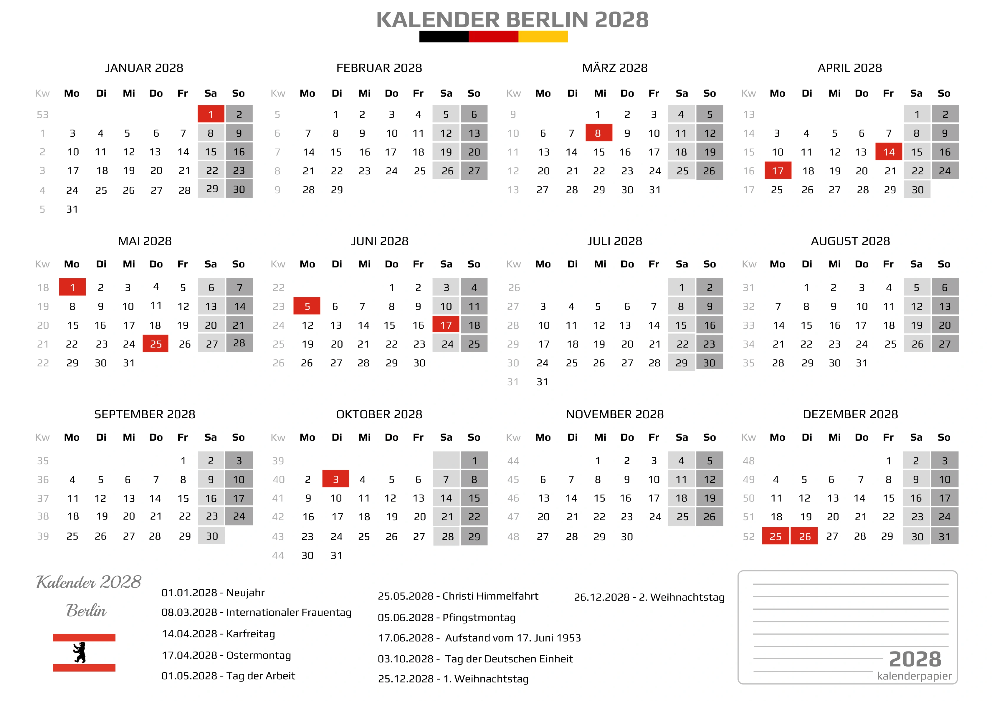Kalender 2028 Berlin mit Feiertagen