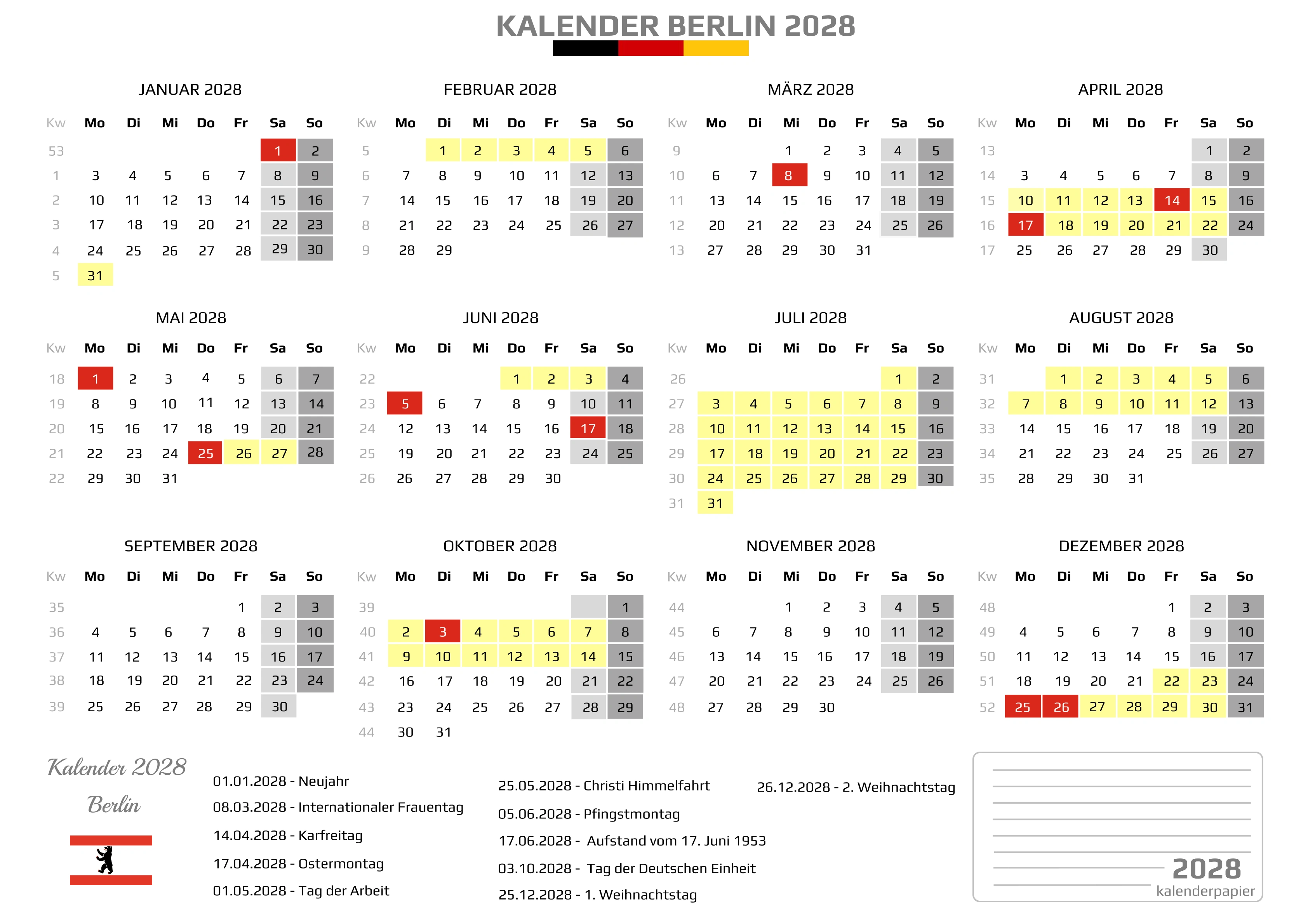 Kalender 2028 Berlin mit Ferien