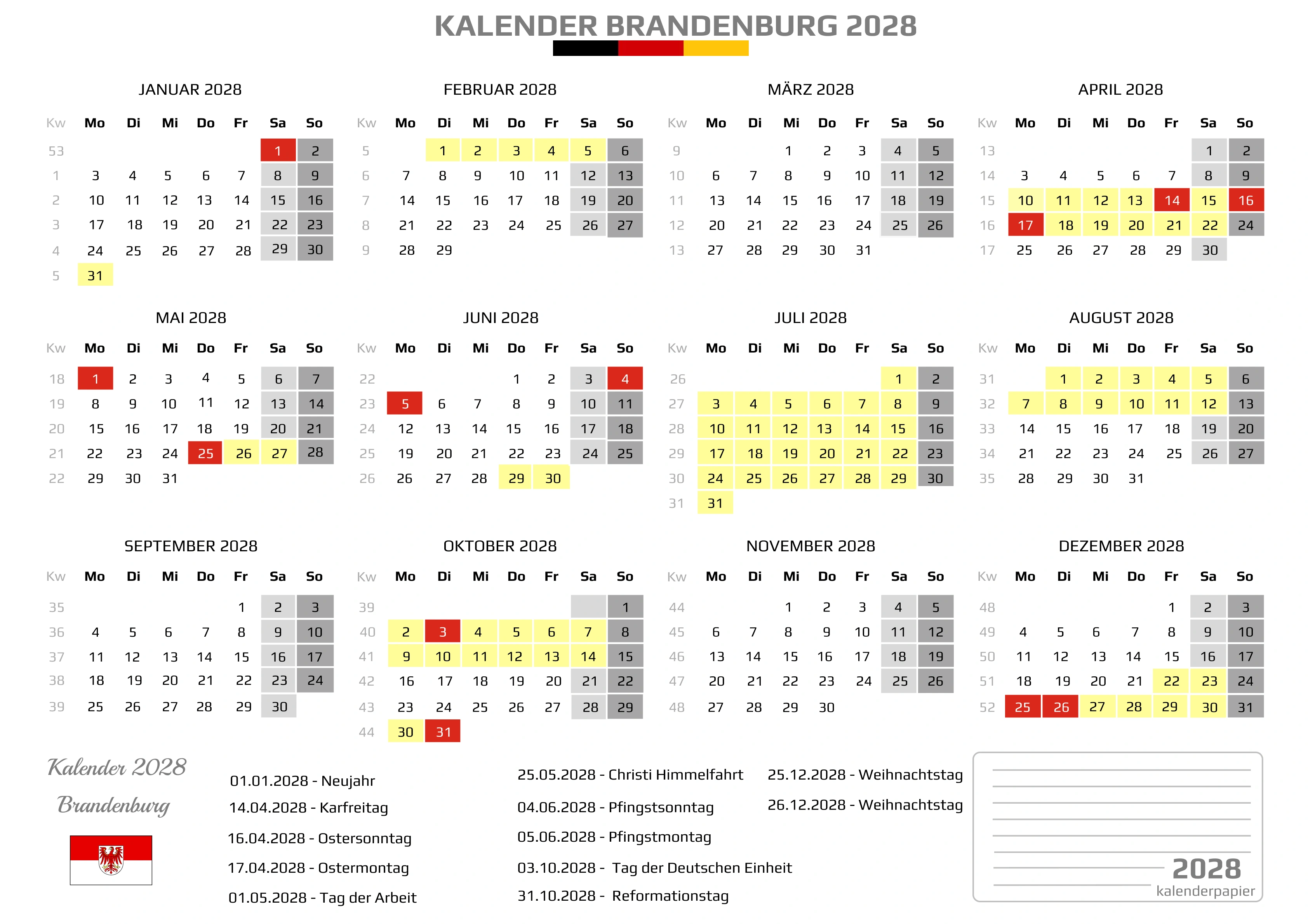 Kalender 2028 Brandenburg mit Ferien
