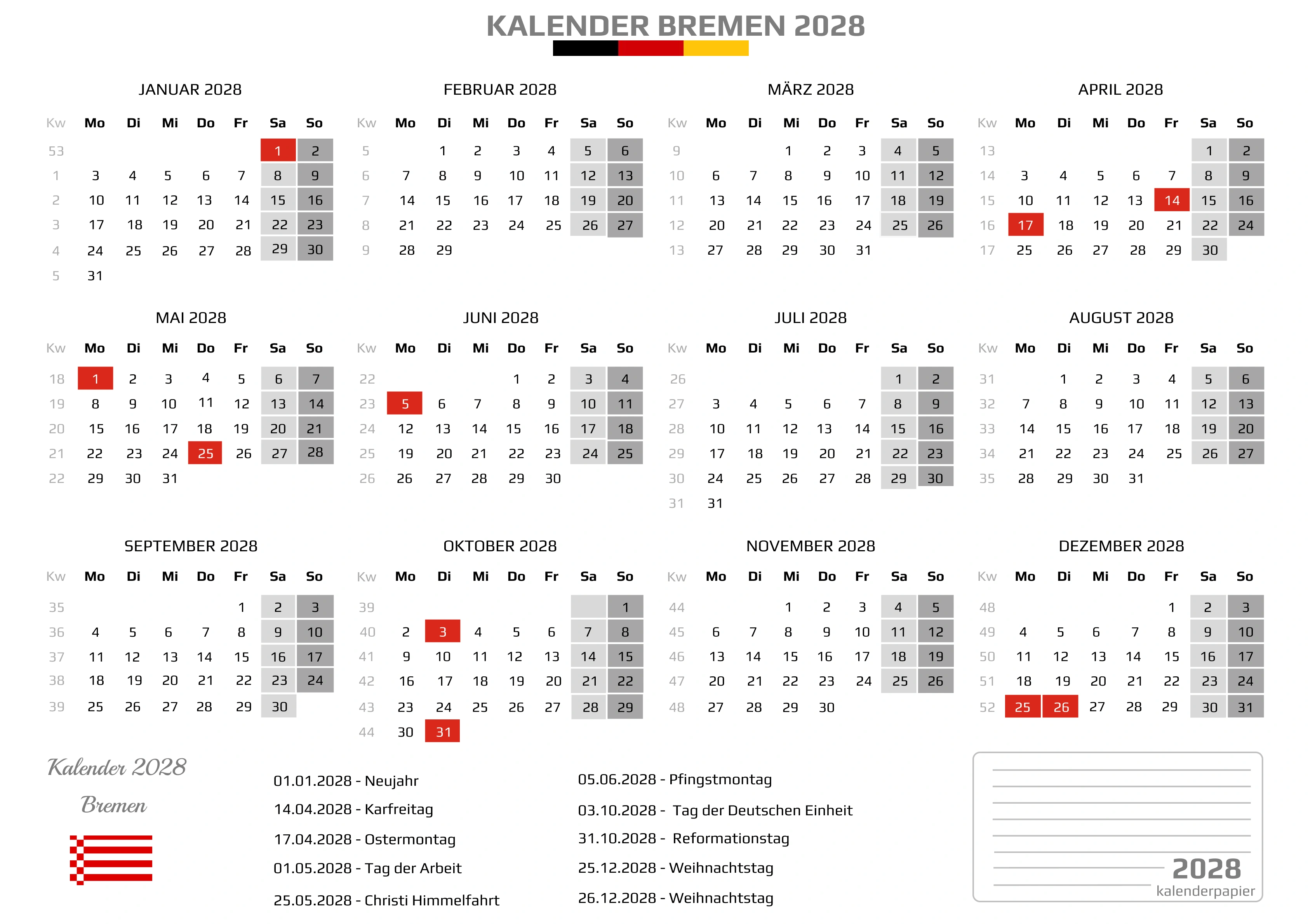 Kalender 2028 Bremen mit Feiertagen