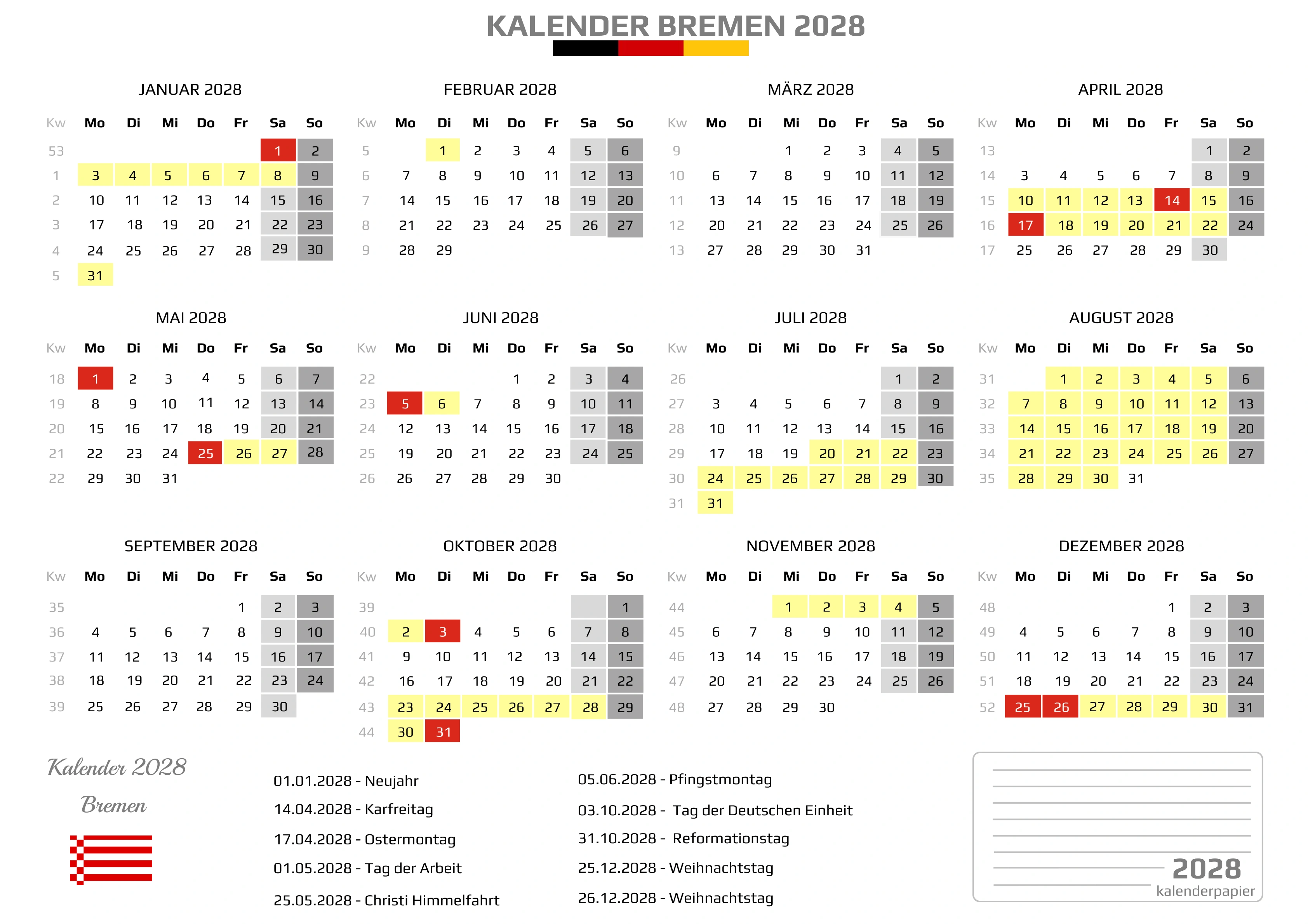 Kalender 2028 Bremen mit Ferien