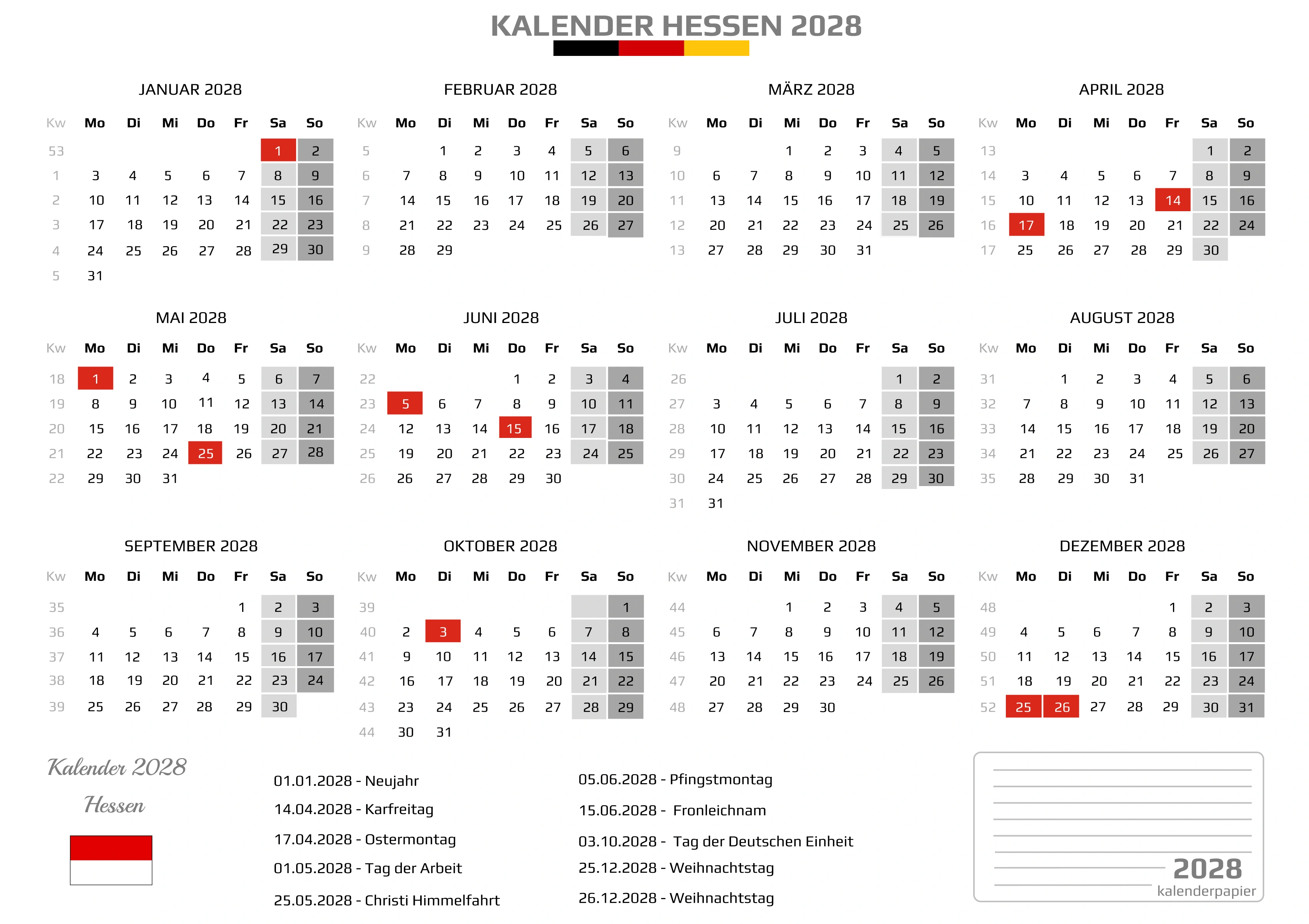 Kalender 2028 Hessen mit Feiertagen