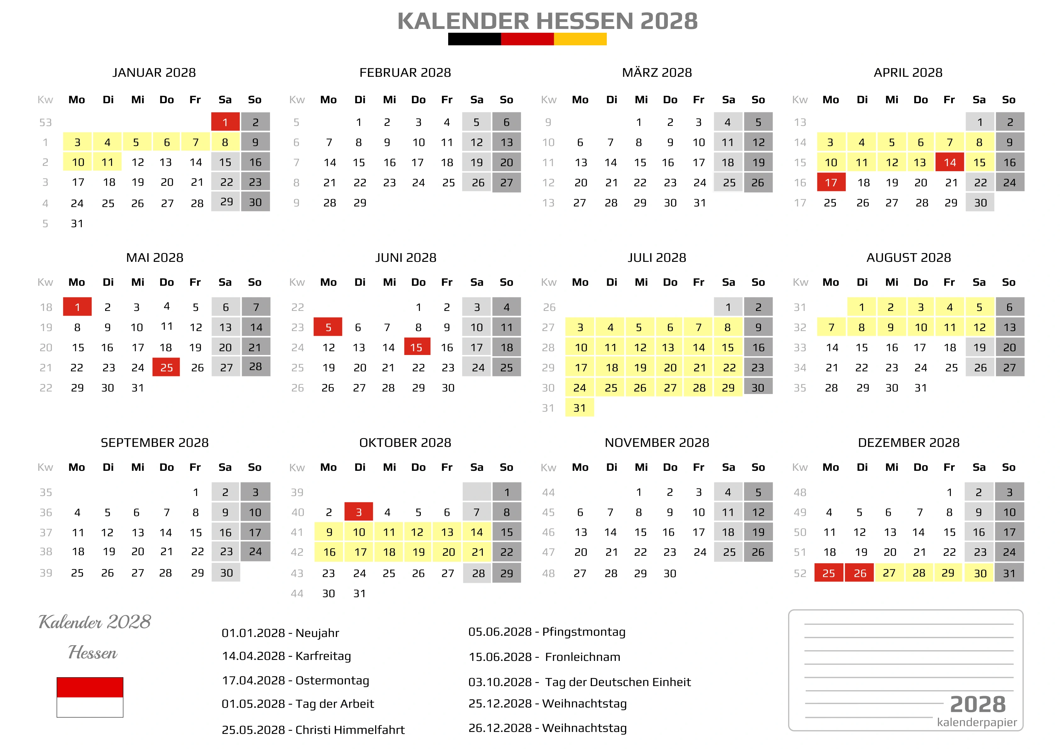 Kalender 2028 Hessen mit Ferien