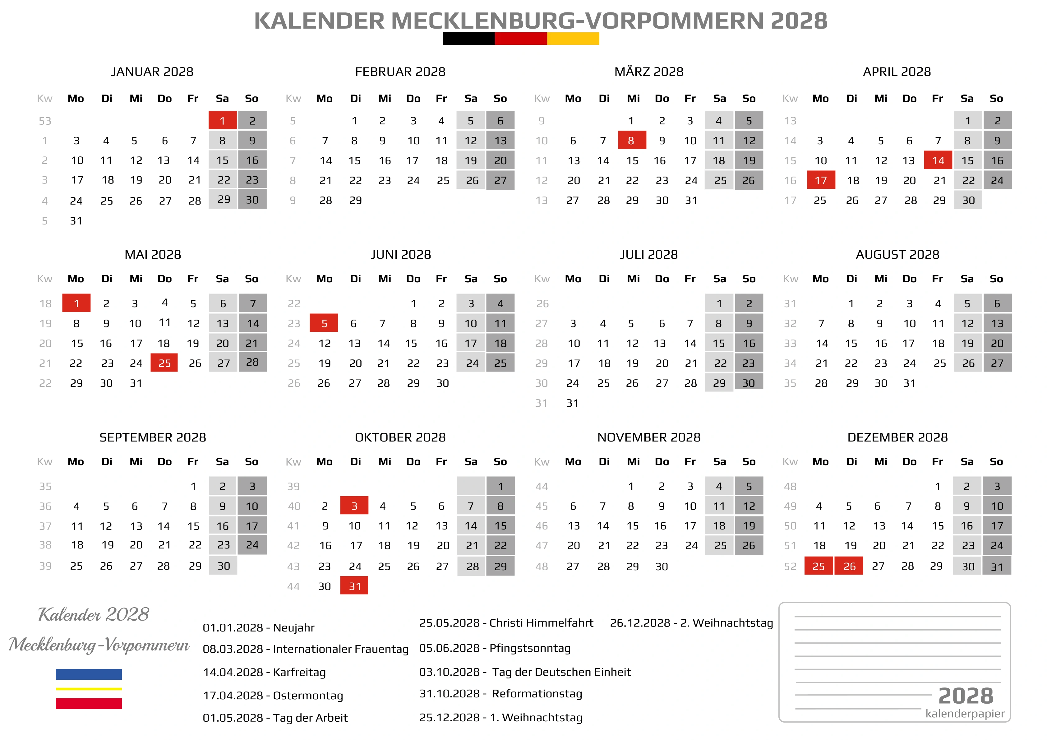 Kalender 2028 Mecklenburg-Vorpommern mit Feiertagen