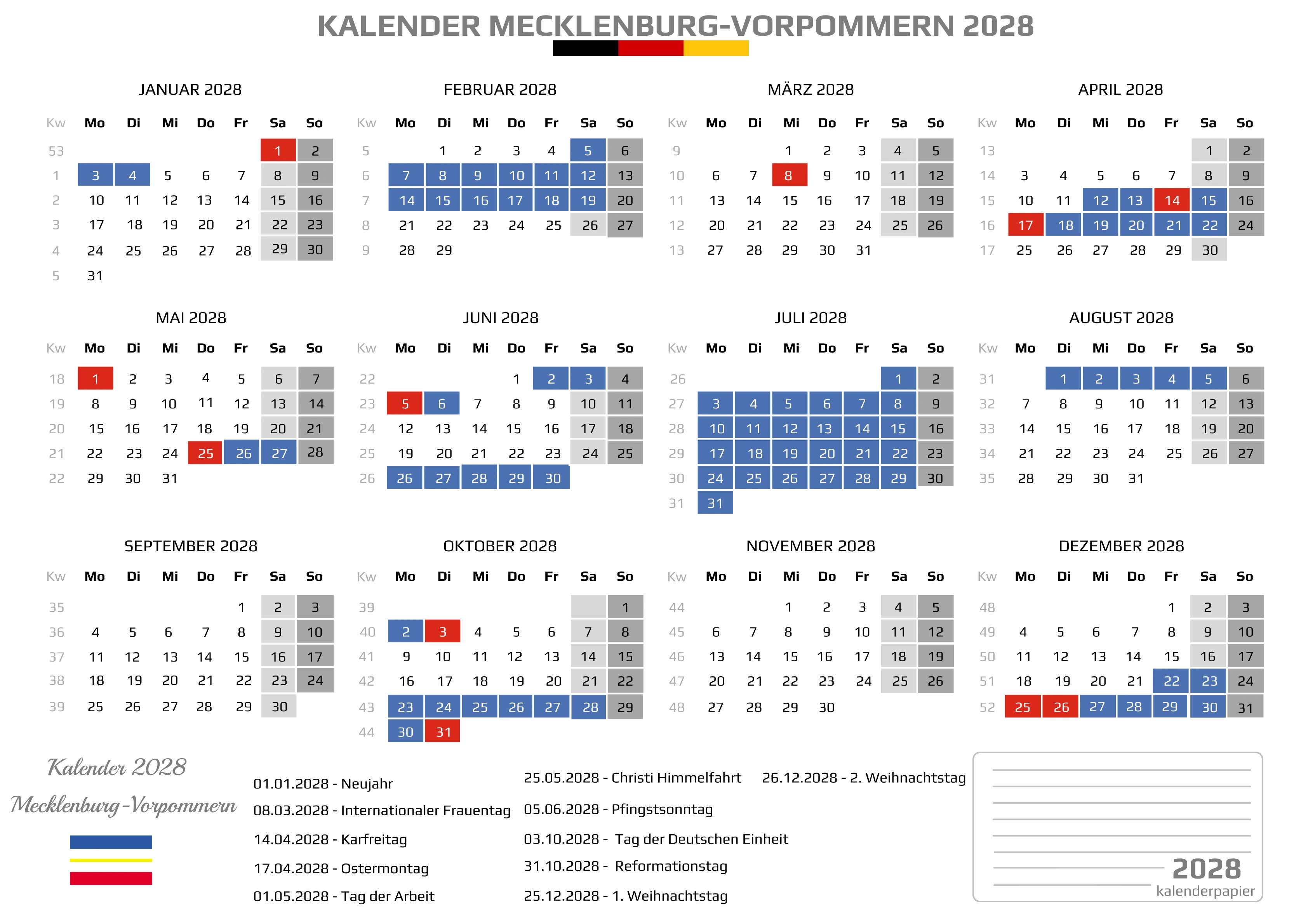 Kalender 2028 Mecklenburg-Vorpommern mit Ferien