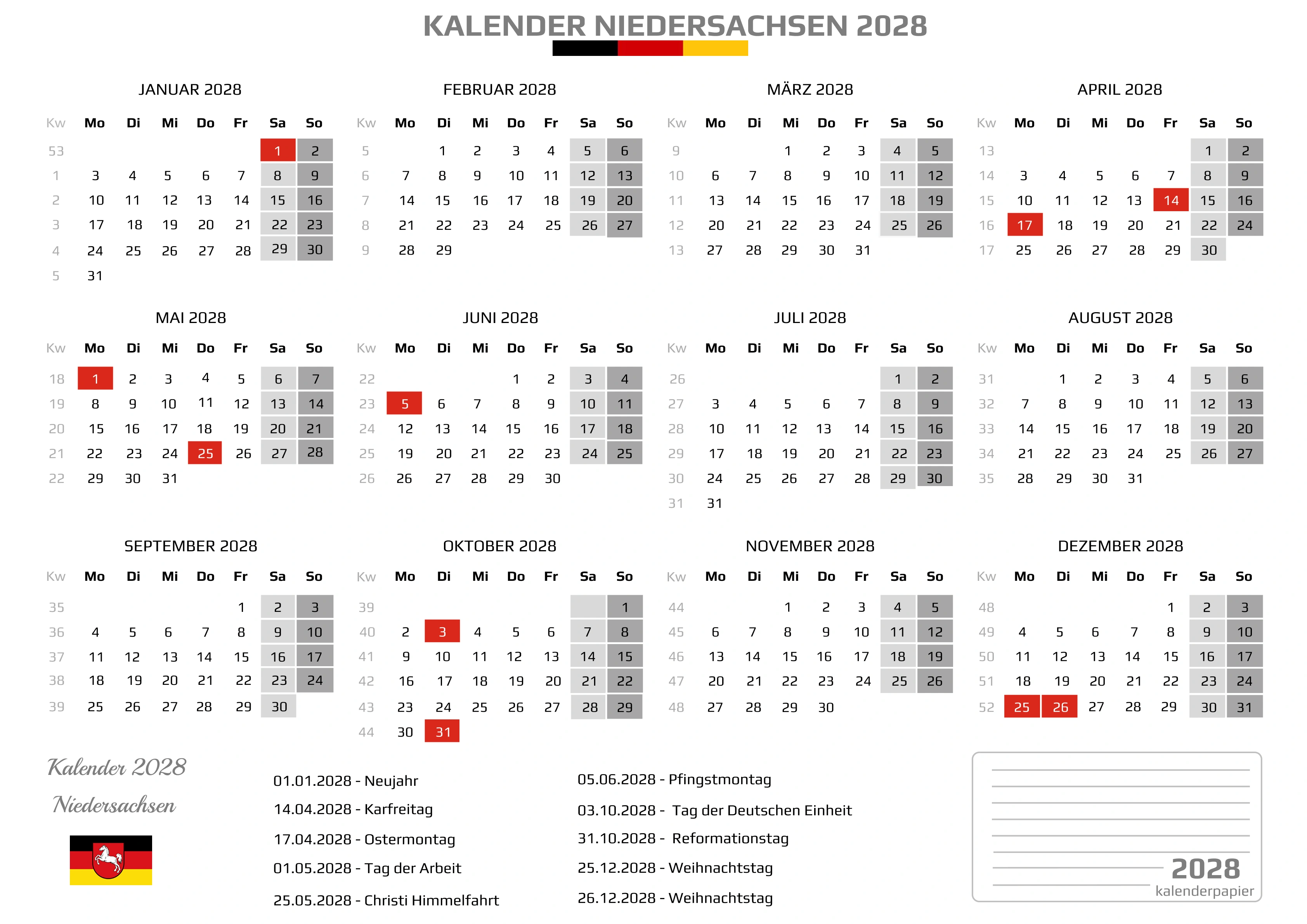 Kalender 2028 Niedersachsen mit Feiertagen