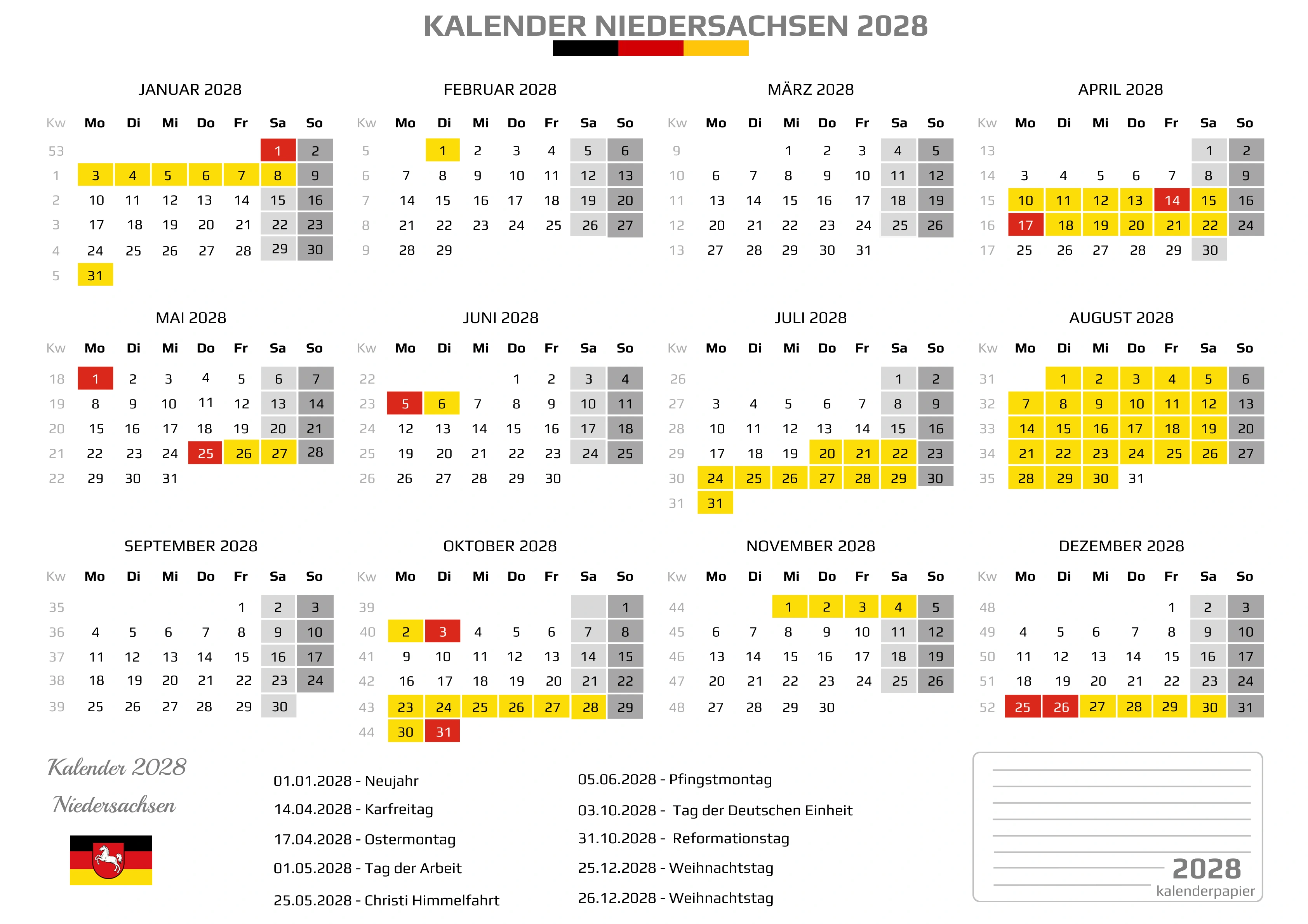 Kalender 2028 Niedersachsen mit Ferien