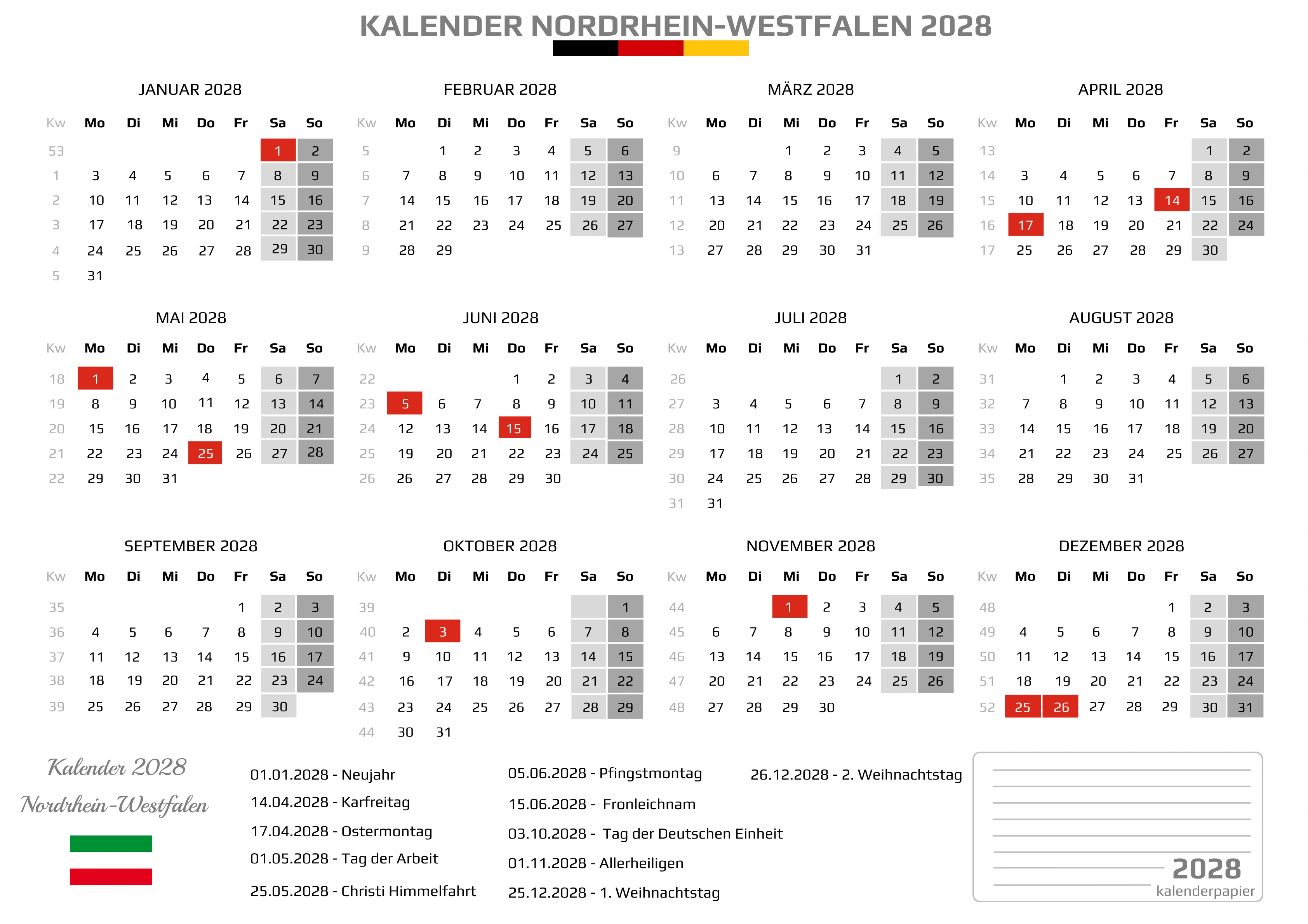 Kalender 2028 Nordrhein-Westfalen mit Feiertagen