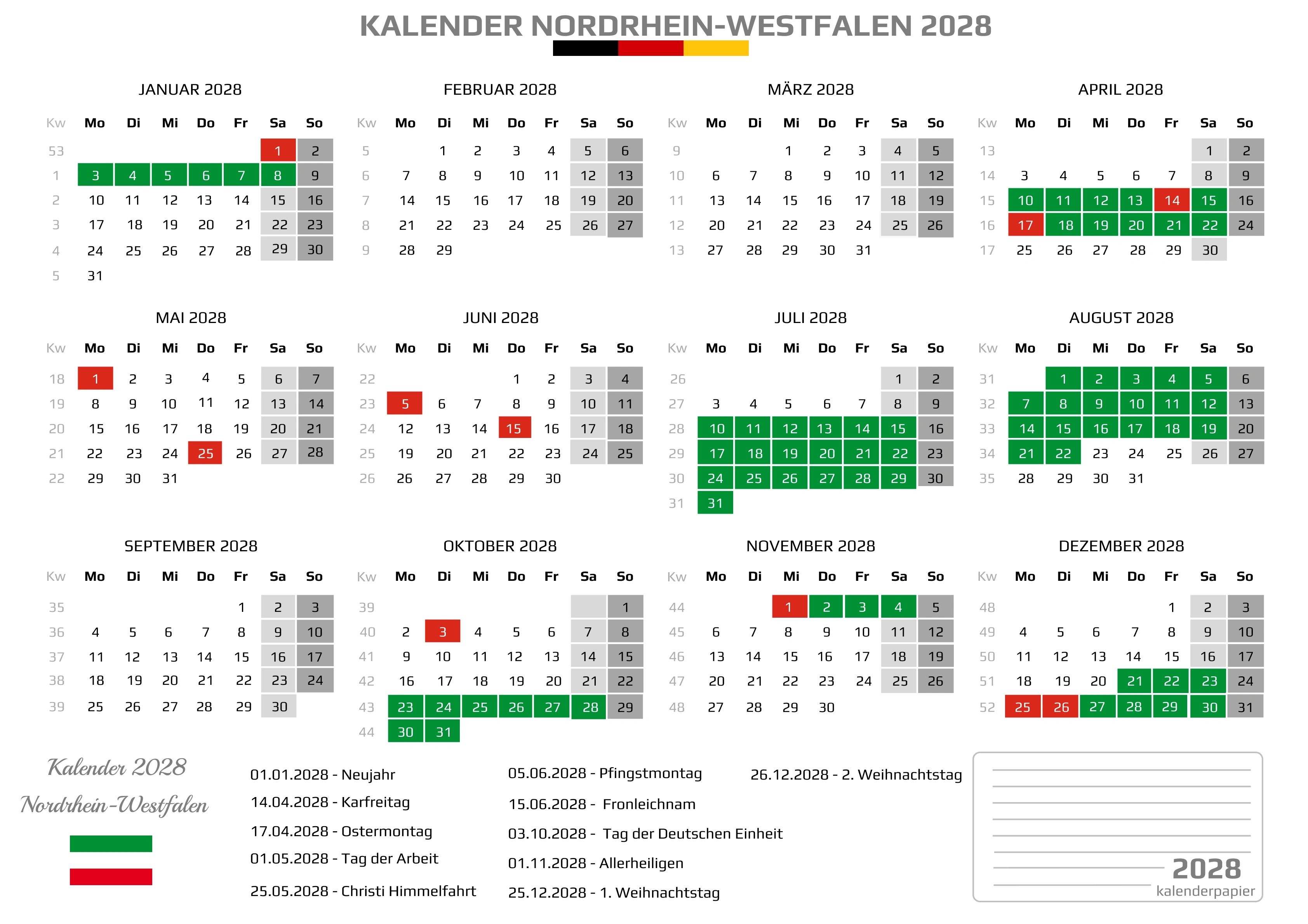 Kalender 2028 Nordrhein-Westfalen mit Ferien