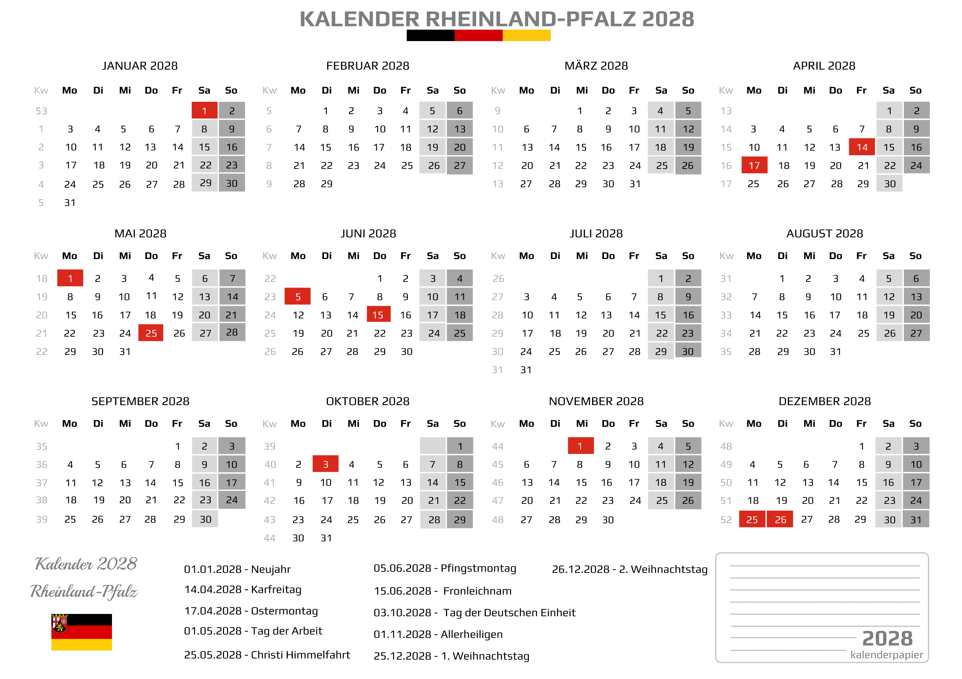 Kalender 2028 Rheinland-Pfalz mit Feiertagen