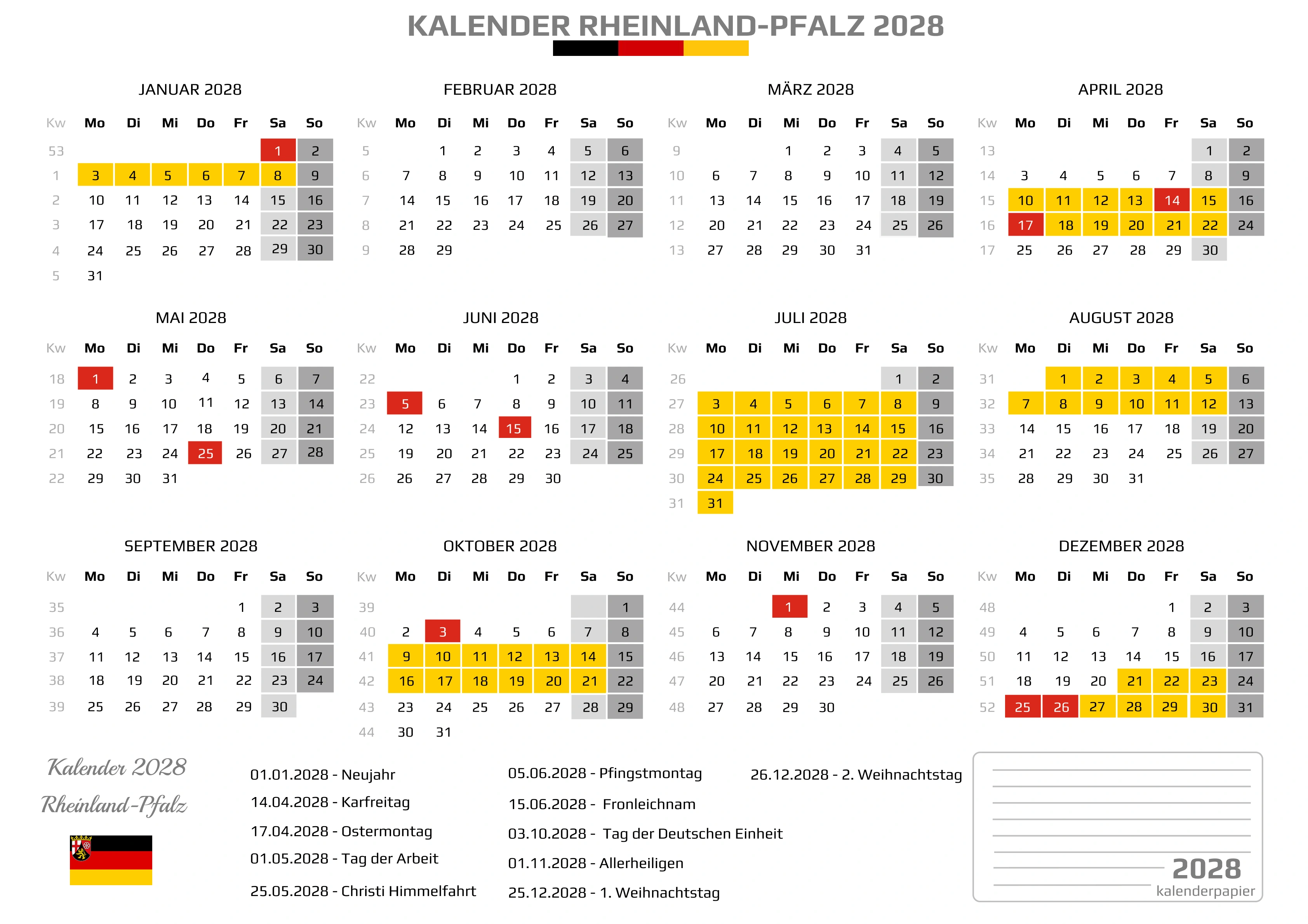 Kalender 2028 Rheinland-Pfalz mit Ferien