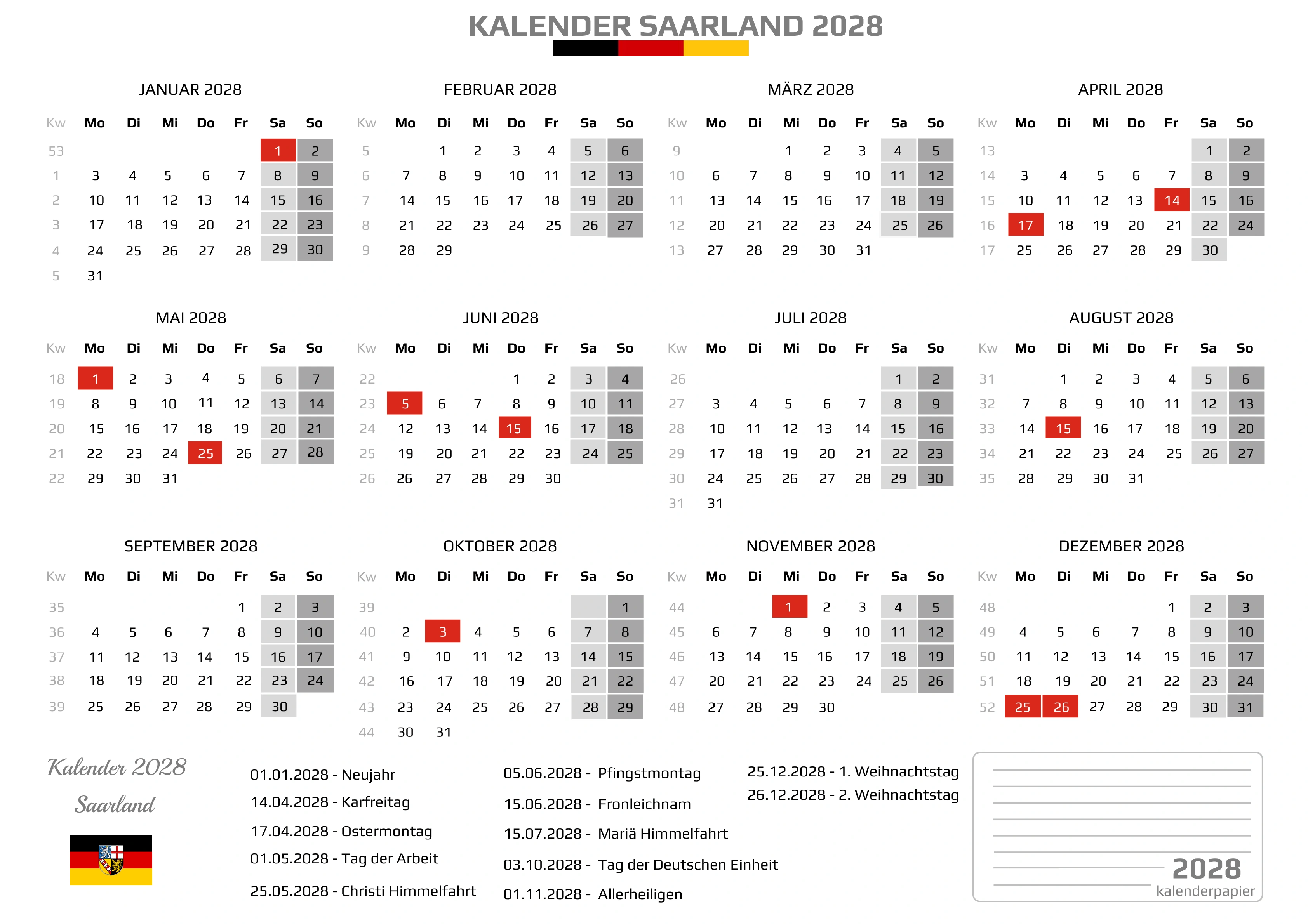 Kalender 2028 Saarland mit Feiertagen