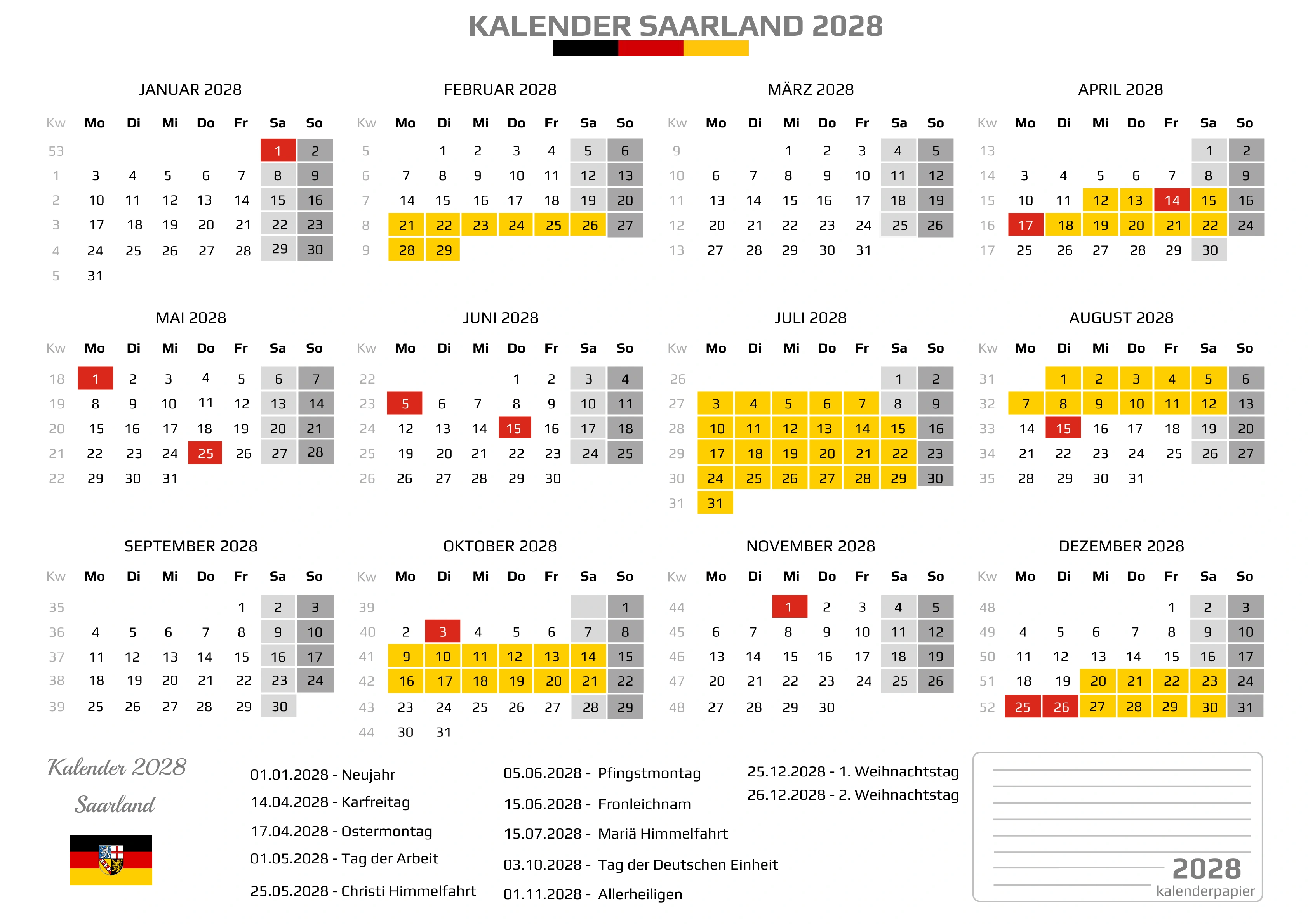 Kalender 2028 Saarland mit Ferien