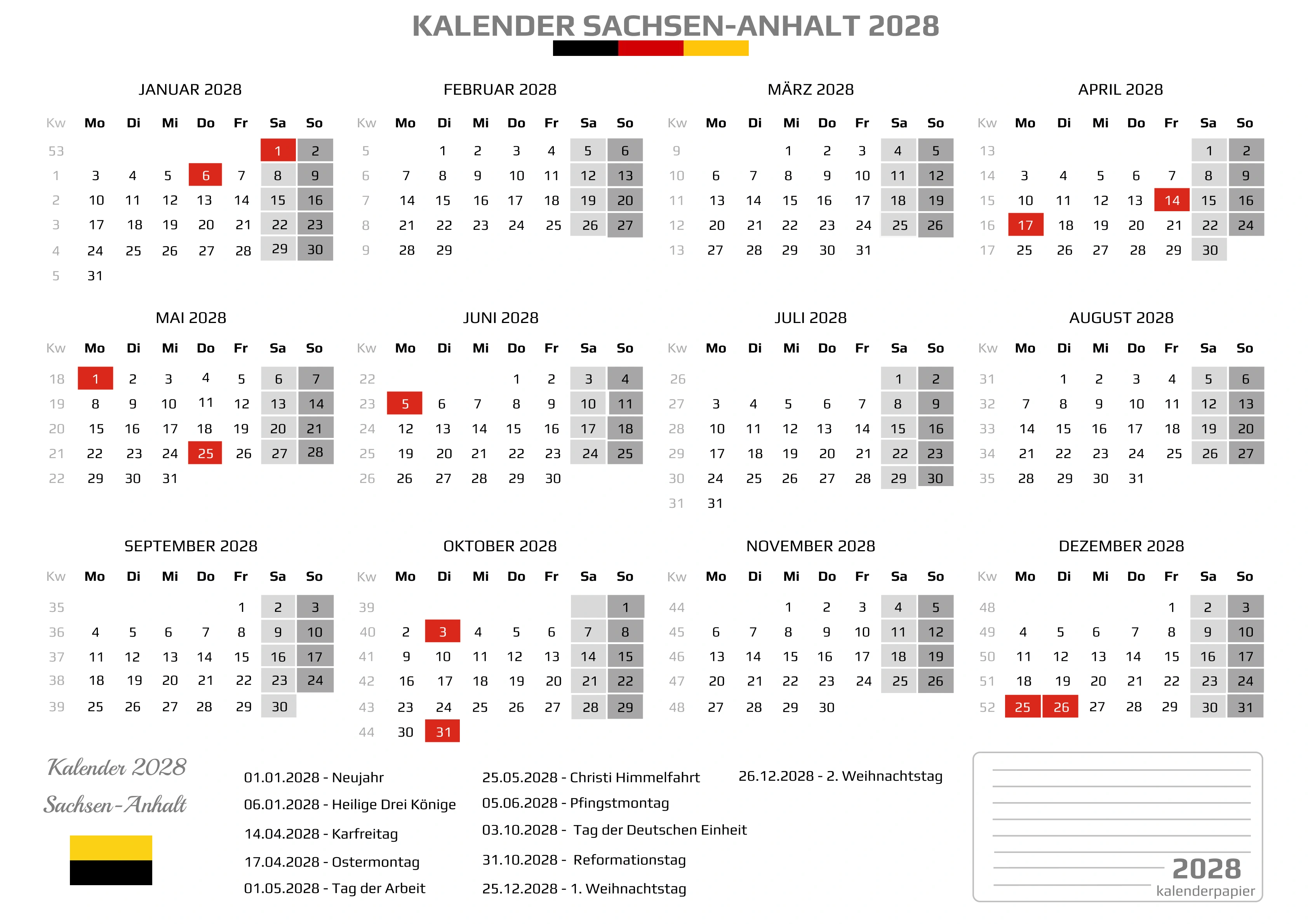 Kalender 2028 Sachsen-Anhalt mit Feiertagen