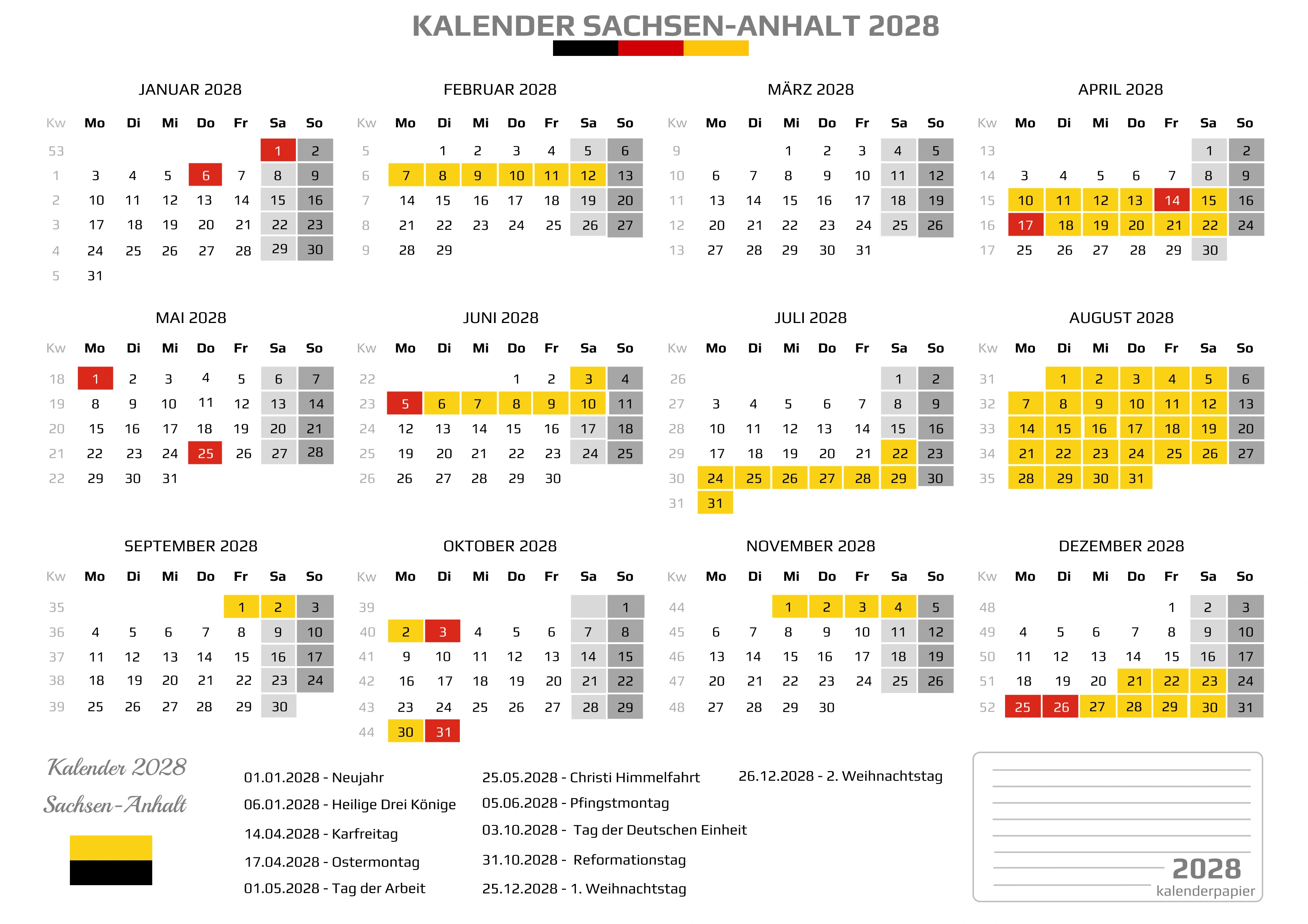Kalender 2028 Sachsen-Anhalt mit Ferien