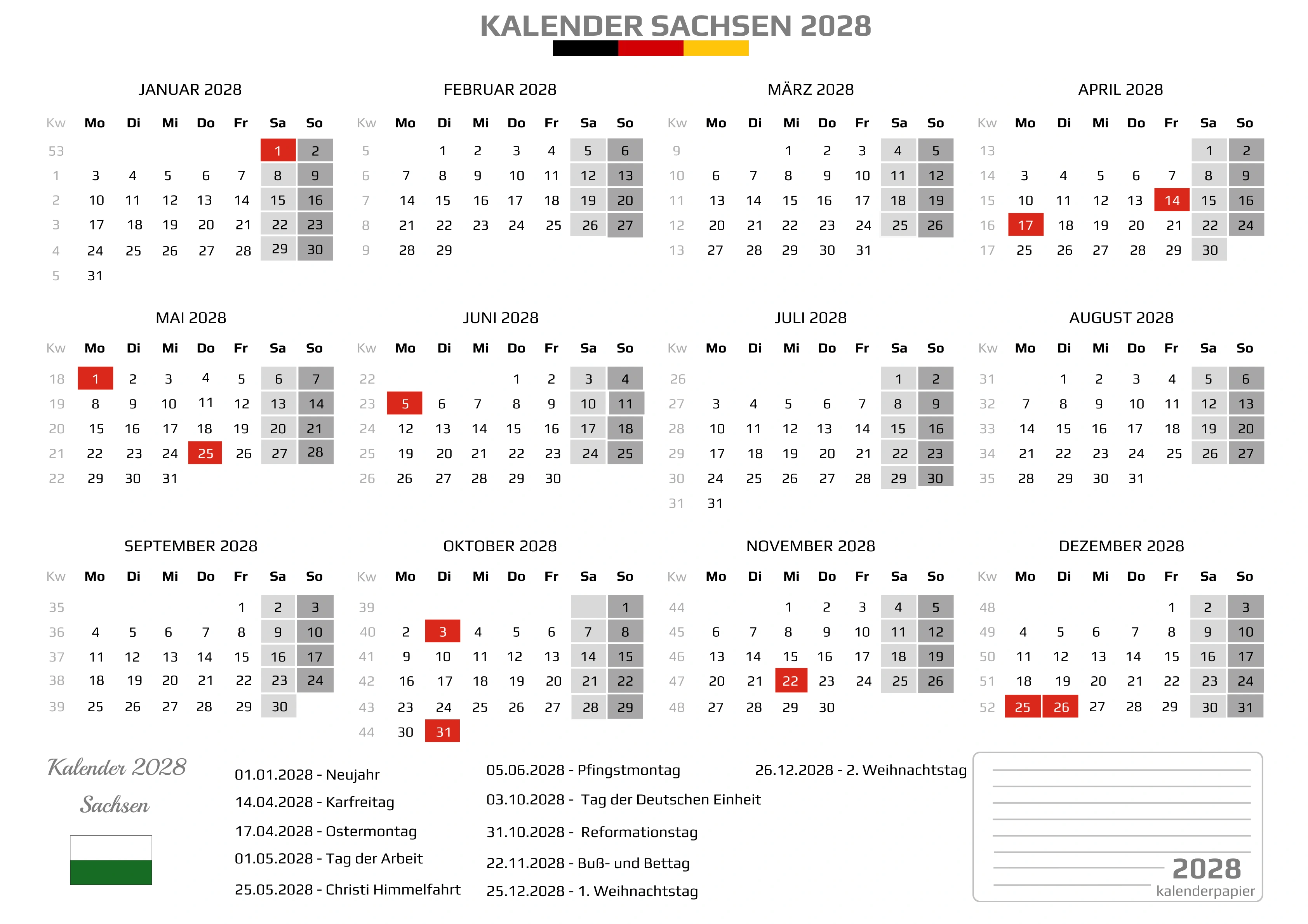 Kalender 2028 Sachsen mit Feiertagen