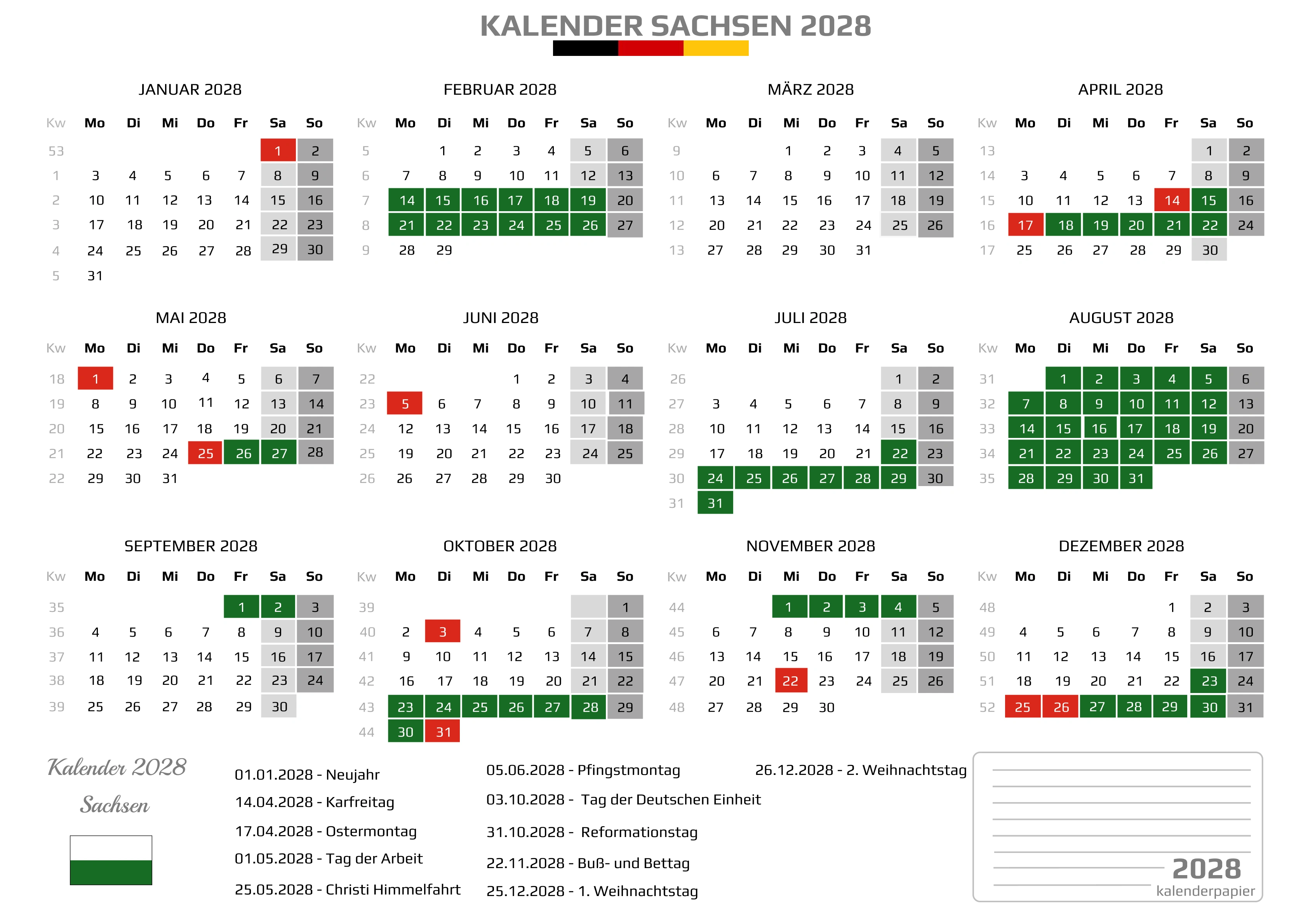 Kalender 2028 Sachsen mit Ferien