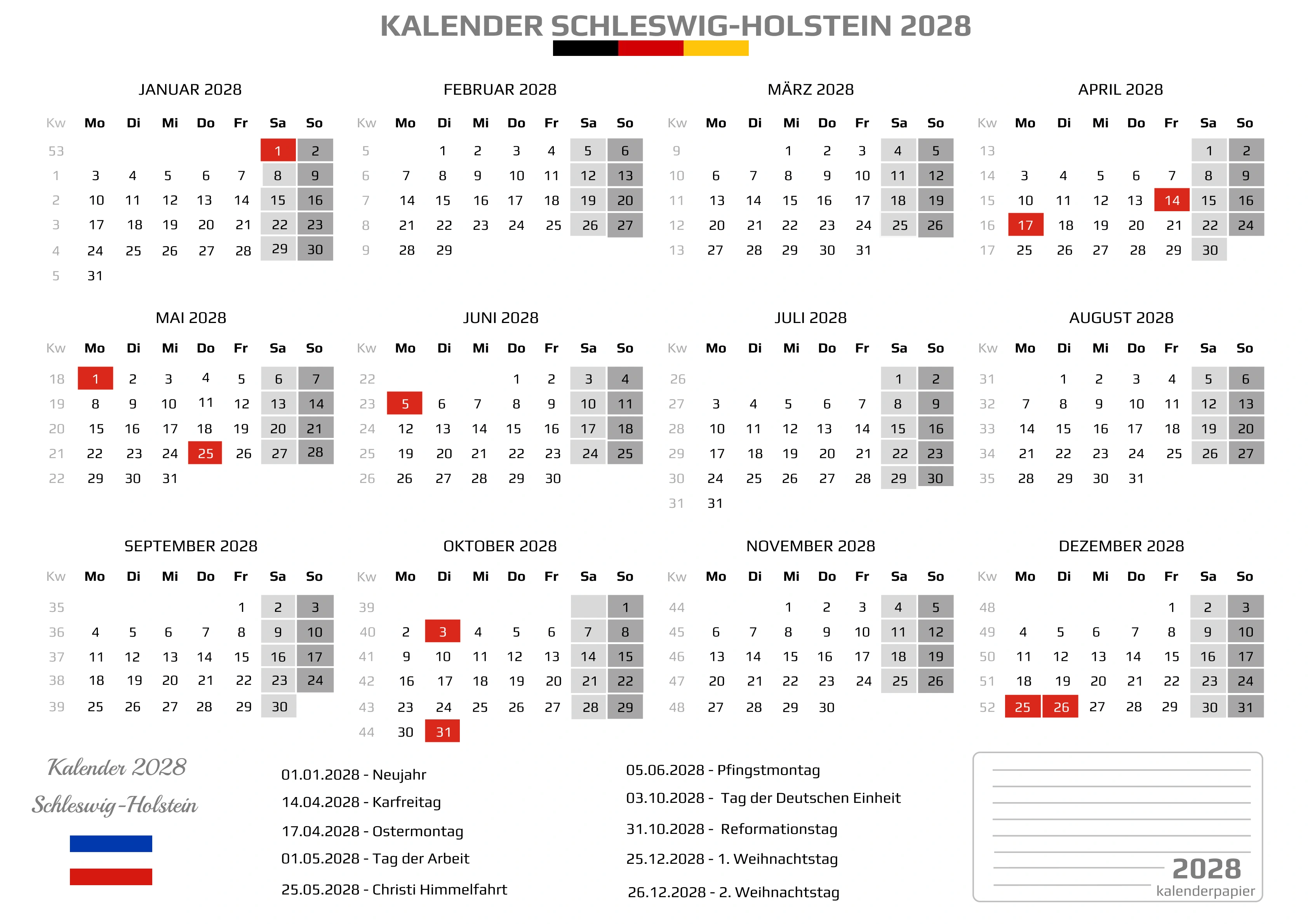 Kalender 2028 Schleswig-Holstein mit Feiertagen