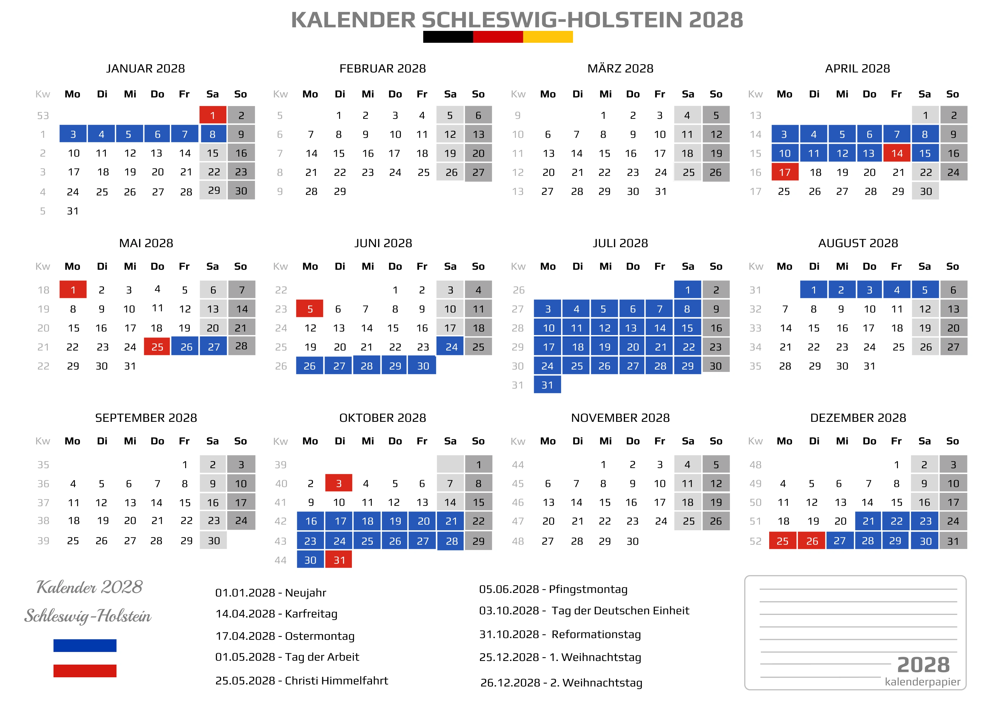 Kalender 2028 Schleswig-Holstein mit Ferien