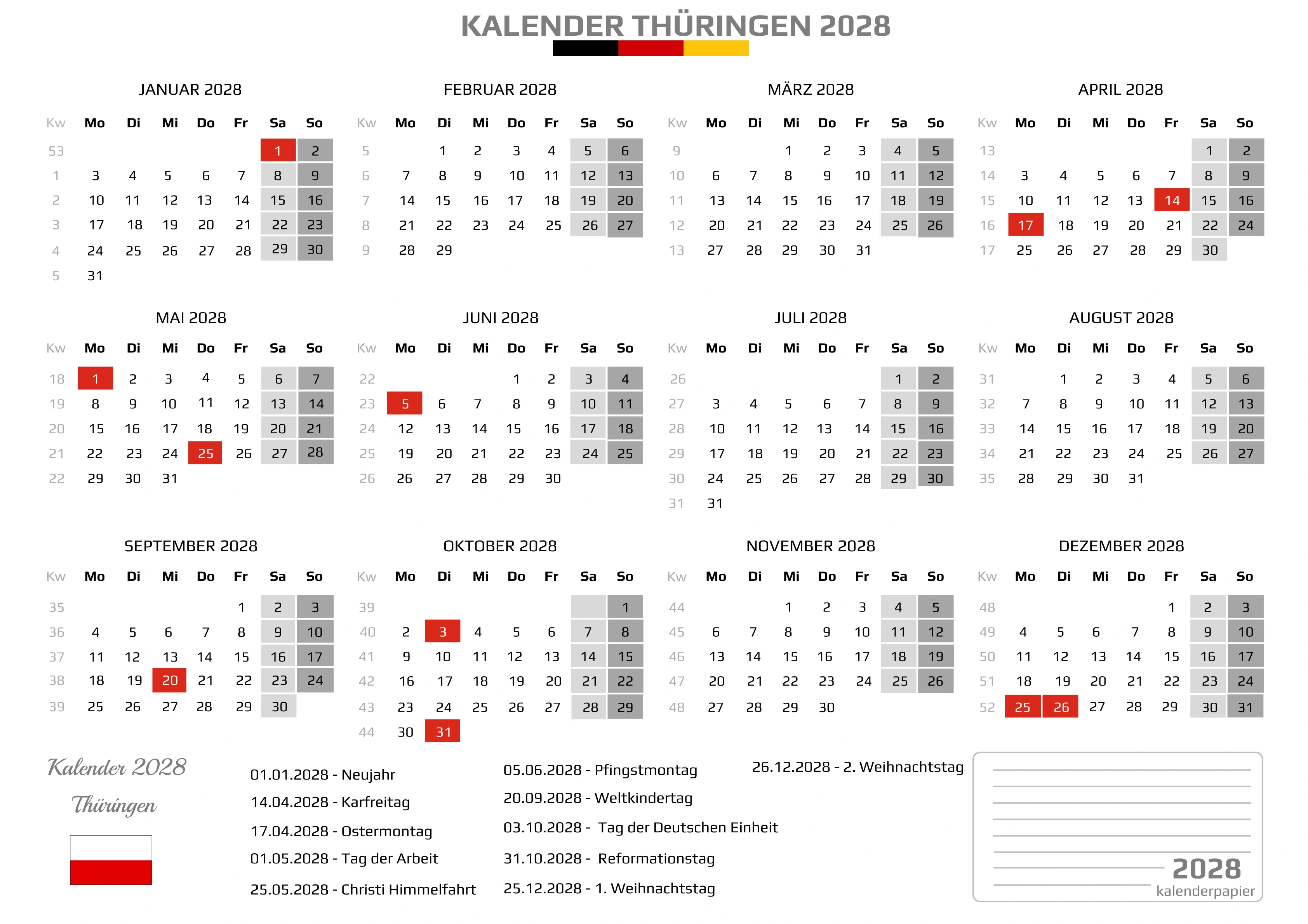 Kalender 2028 Thüringen mit Feiertagen