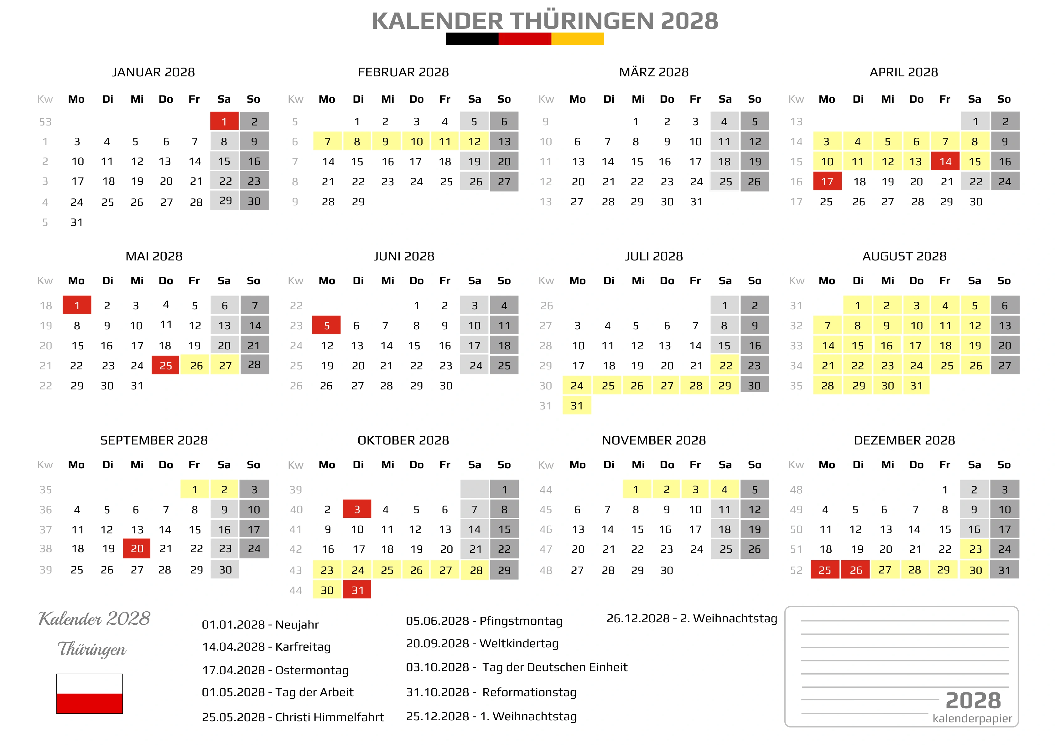 Kalender 2028 Thüringen mit Ferien
