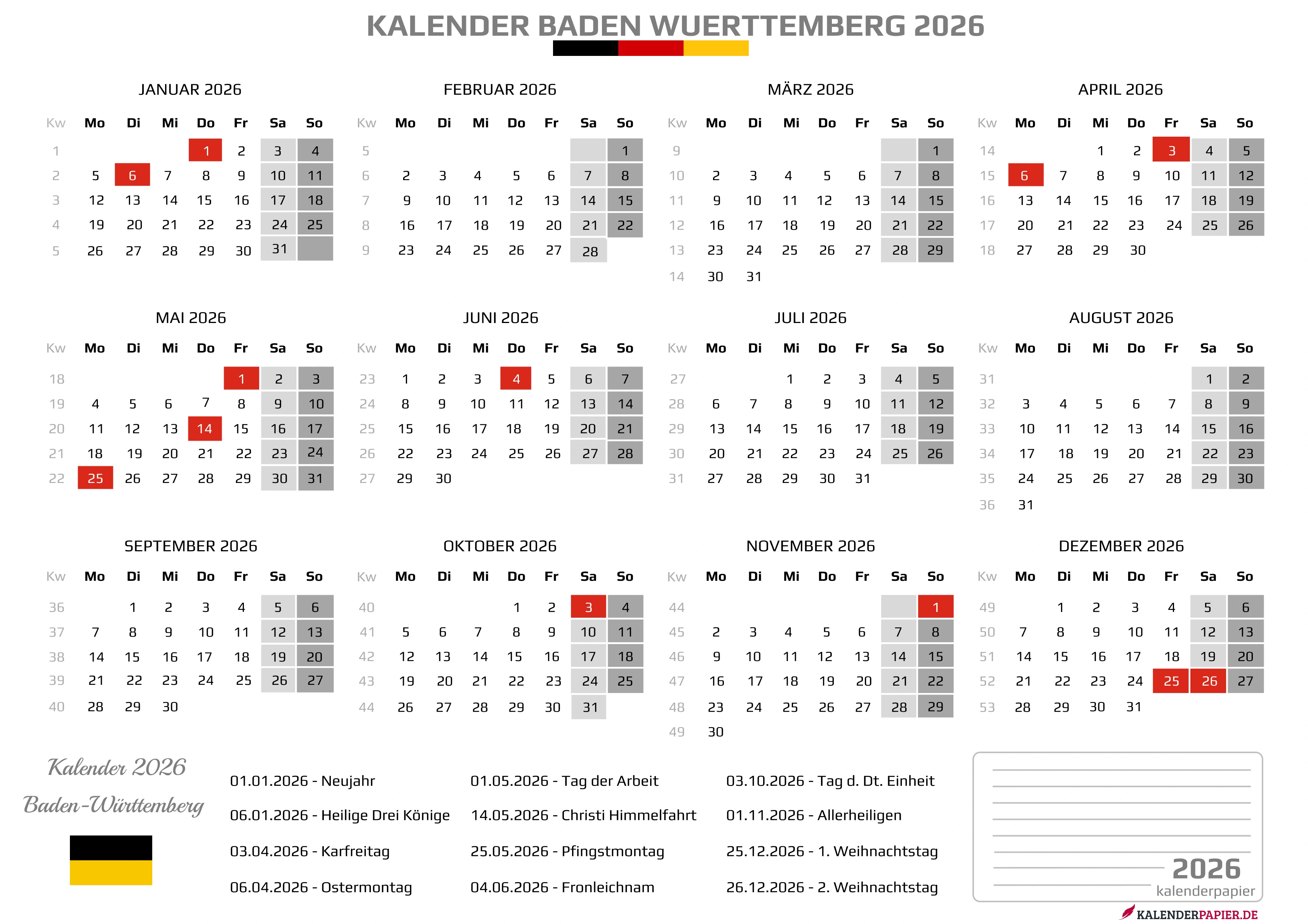 Der Kalender mit der Kompletten BW Feirtage
