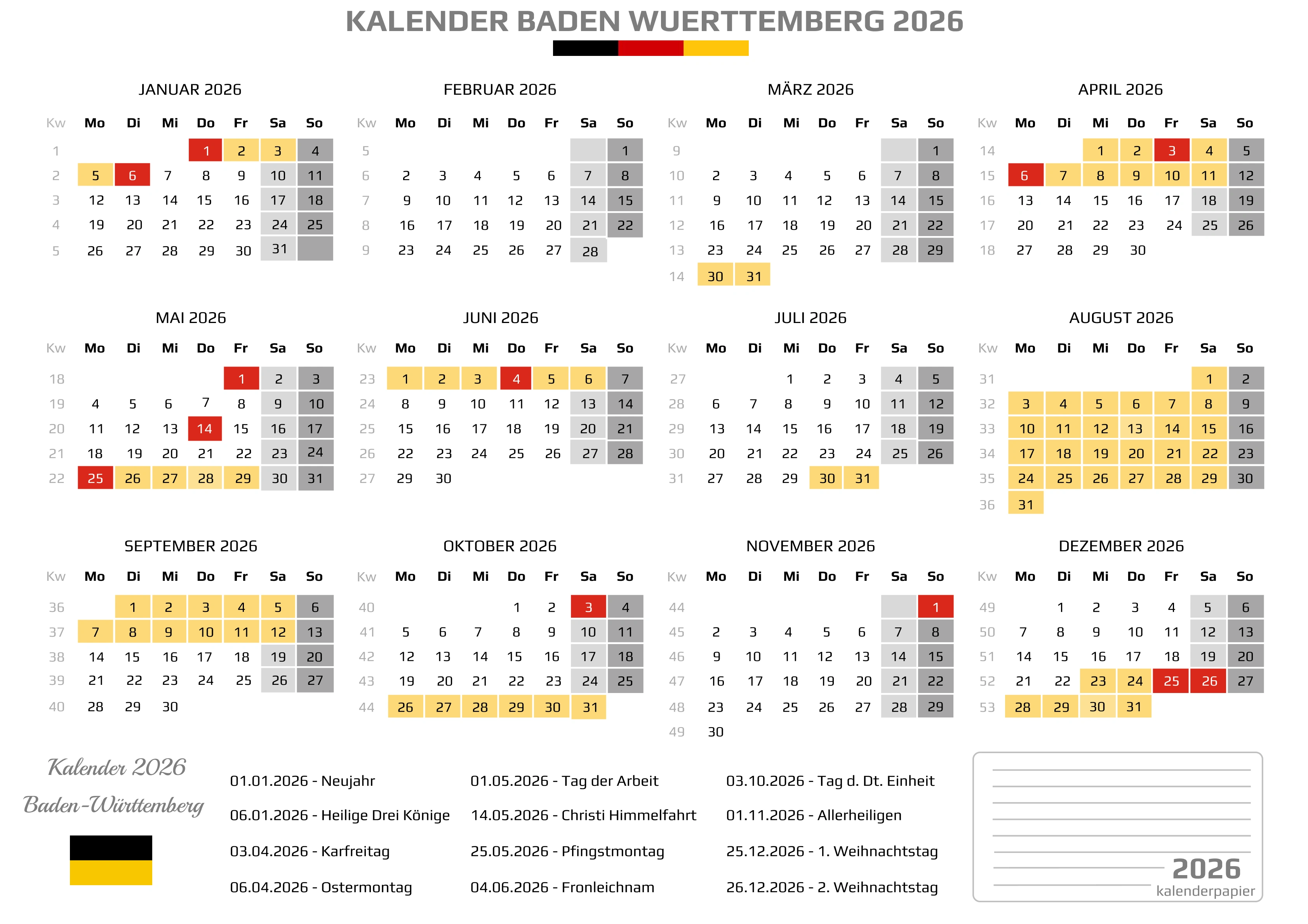 Der Kalender mit der Kompletten BW Feirtage