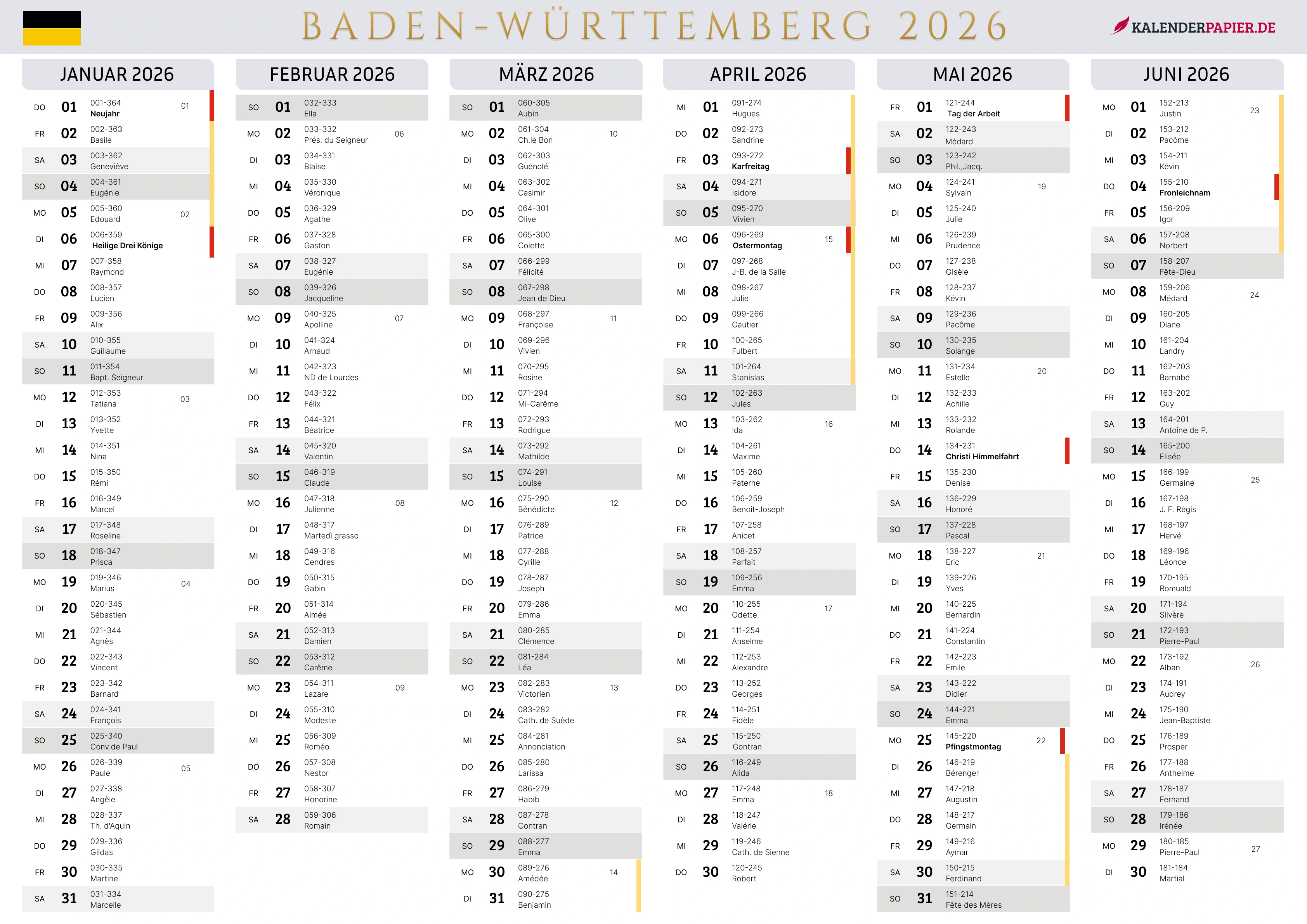 Der Kalender mit der Kompletten BW Feirtage