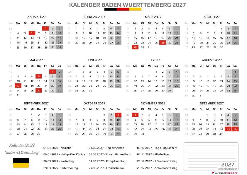 Kalender 2027 Baden-Württemberg mit Feiertagen