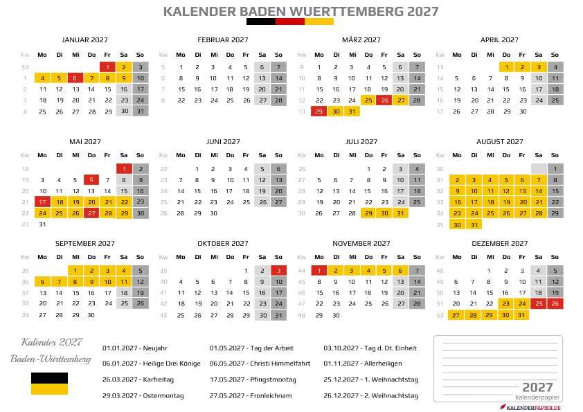 Kalender 2027 Baden-Württemberg mit Ferien