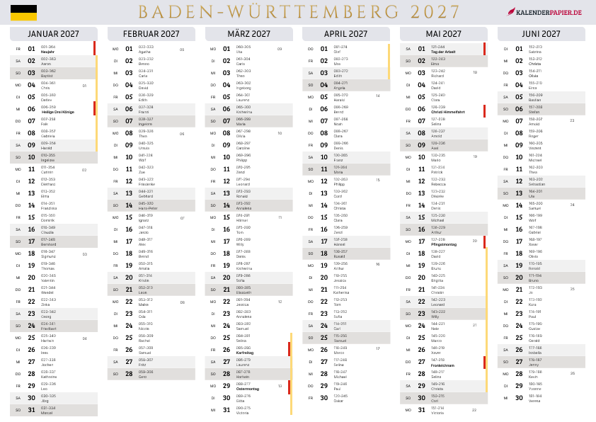Der Kalender mit der Kompletten BW Feirtage