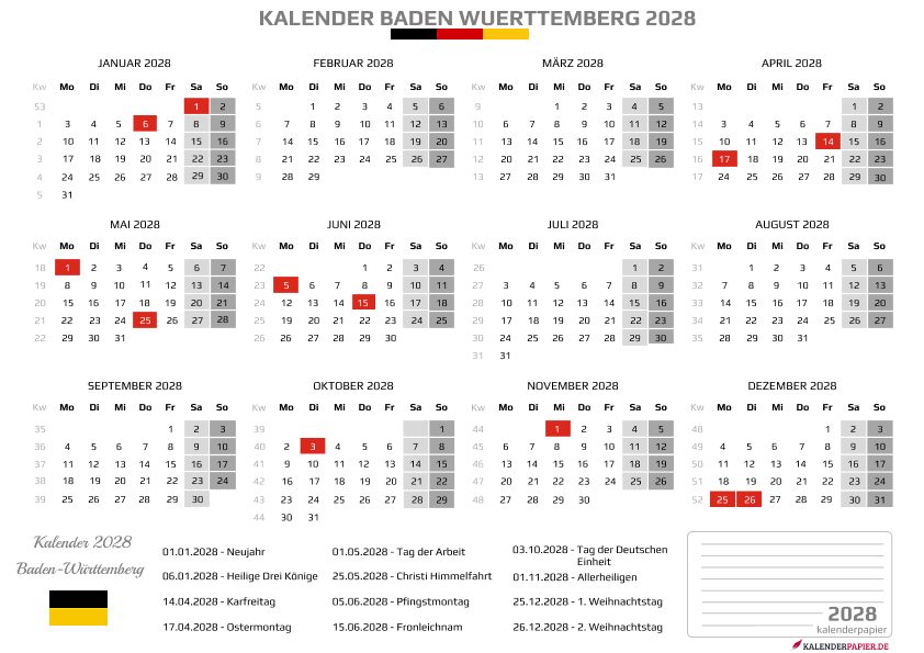 Kalender 2028 Baden-Württemberg mit Feiertagen