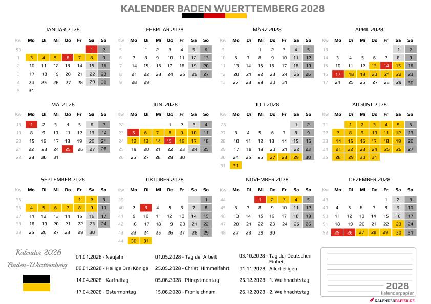Kalender 2028 Baden-Württemberg mit Ferien