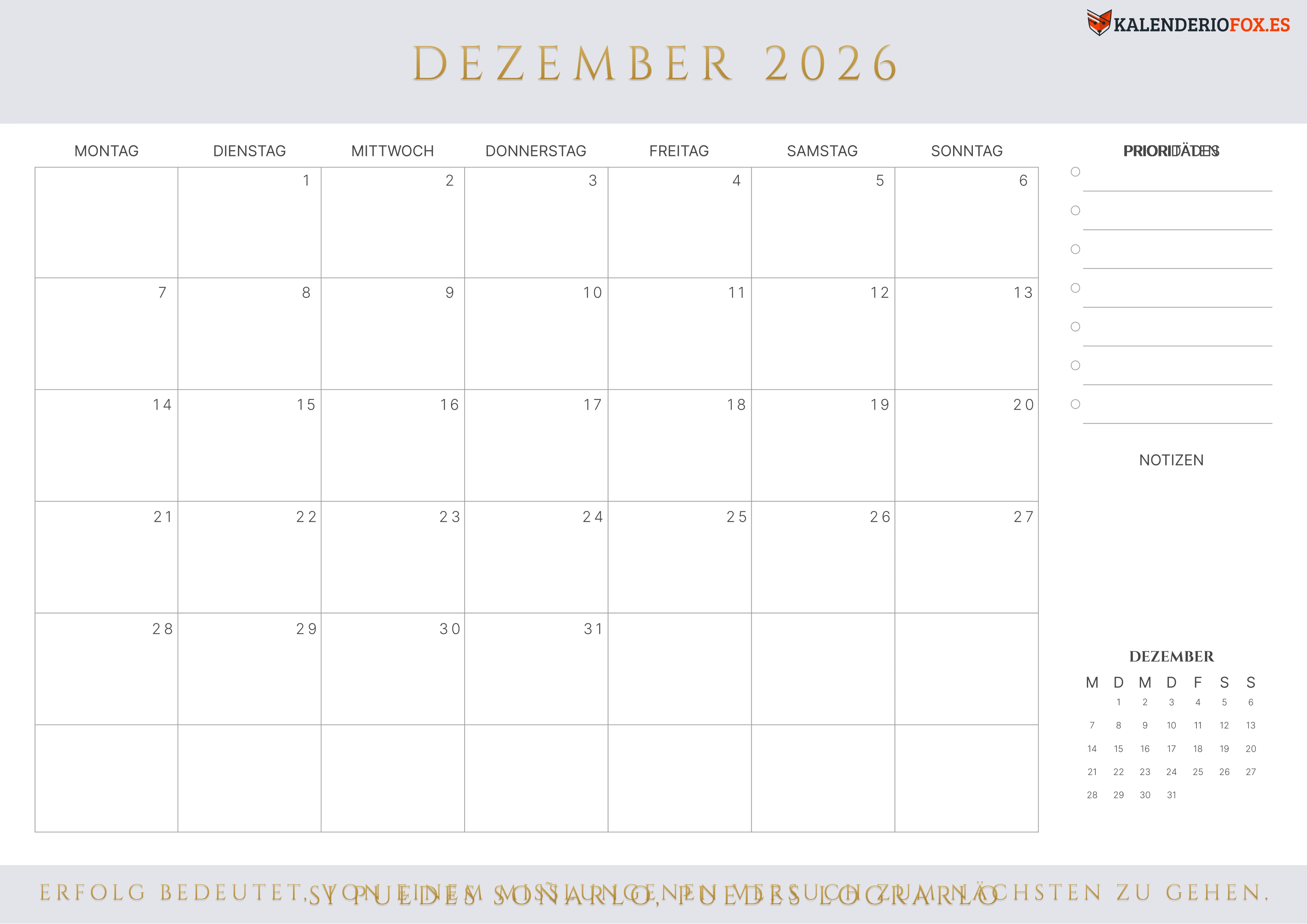 Dezember Kalender 2026 Braun
