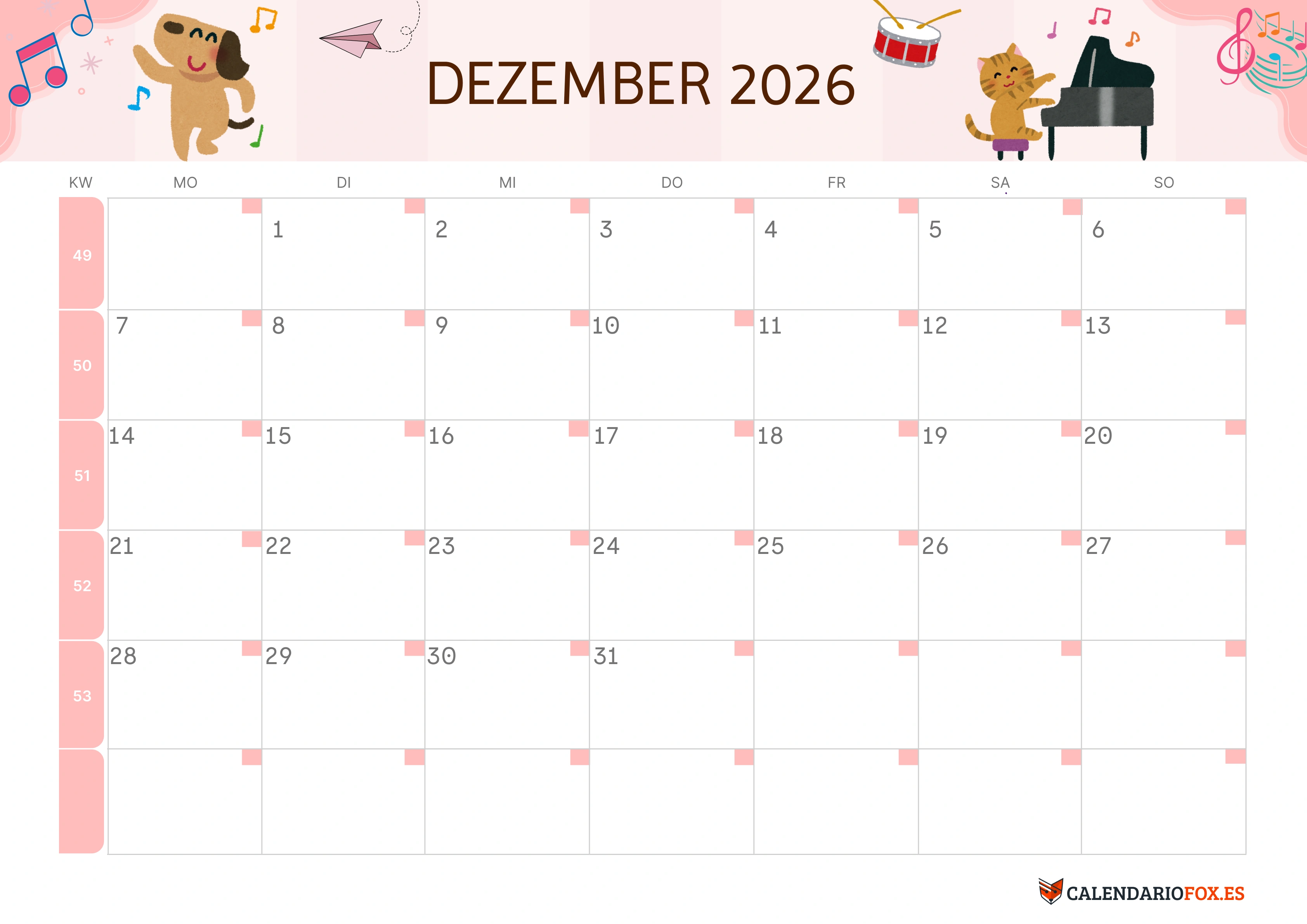 Semesterkalender 2026 Erstes Halbjahr Farbenfroh