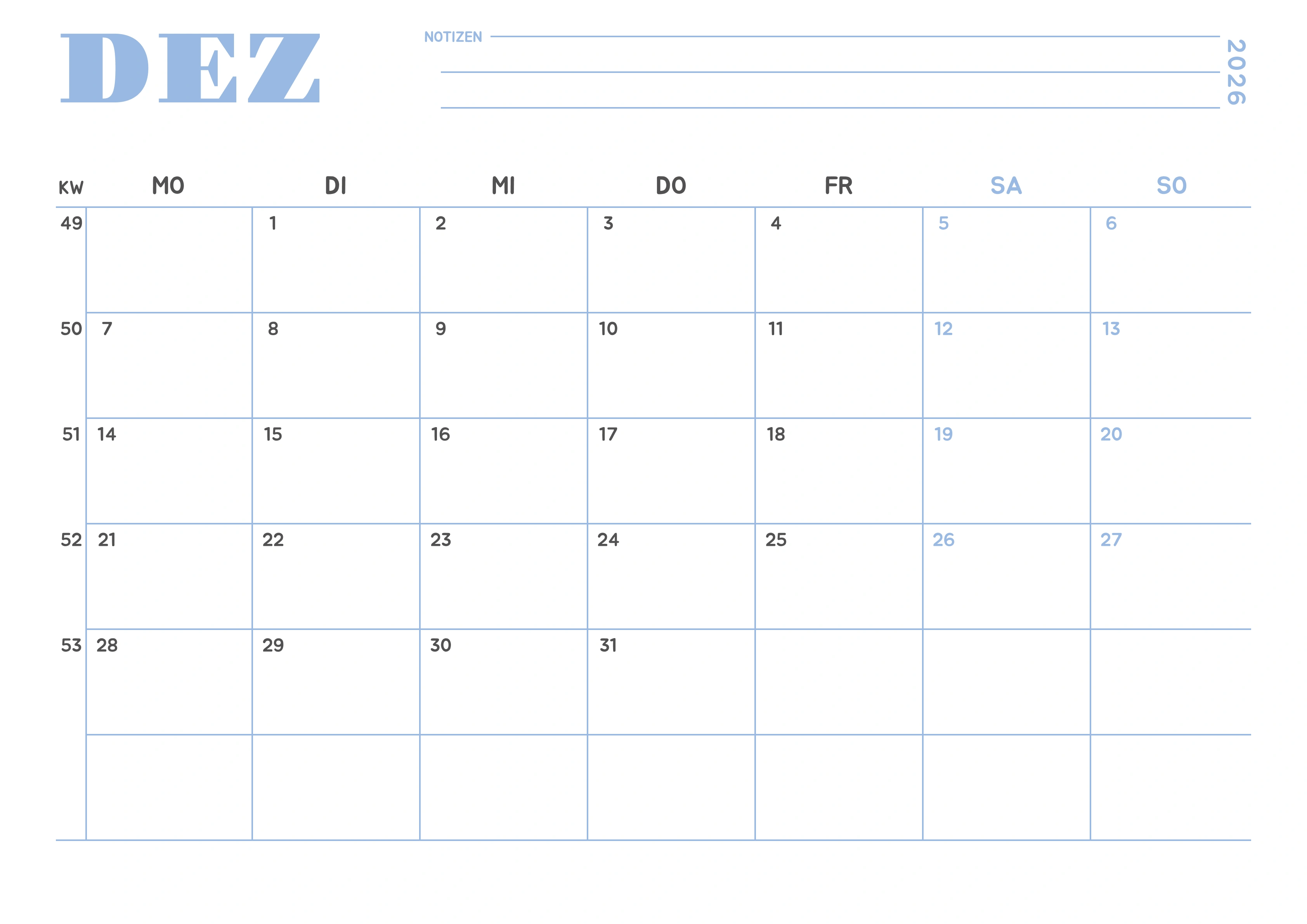 Dezember Kalender 2026 Minimalistisch Himmelblau