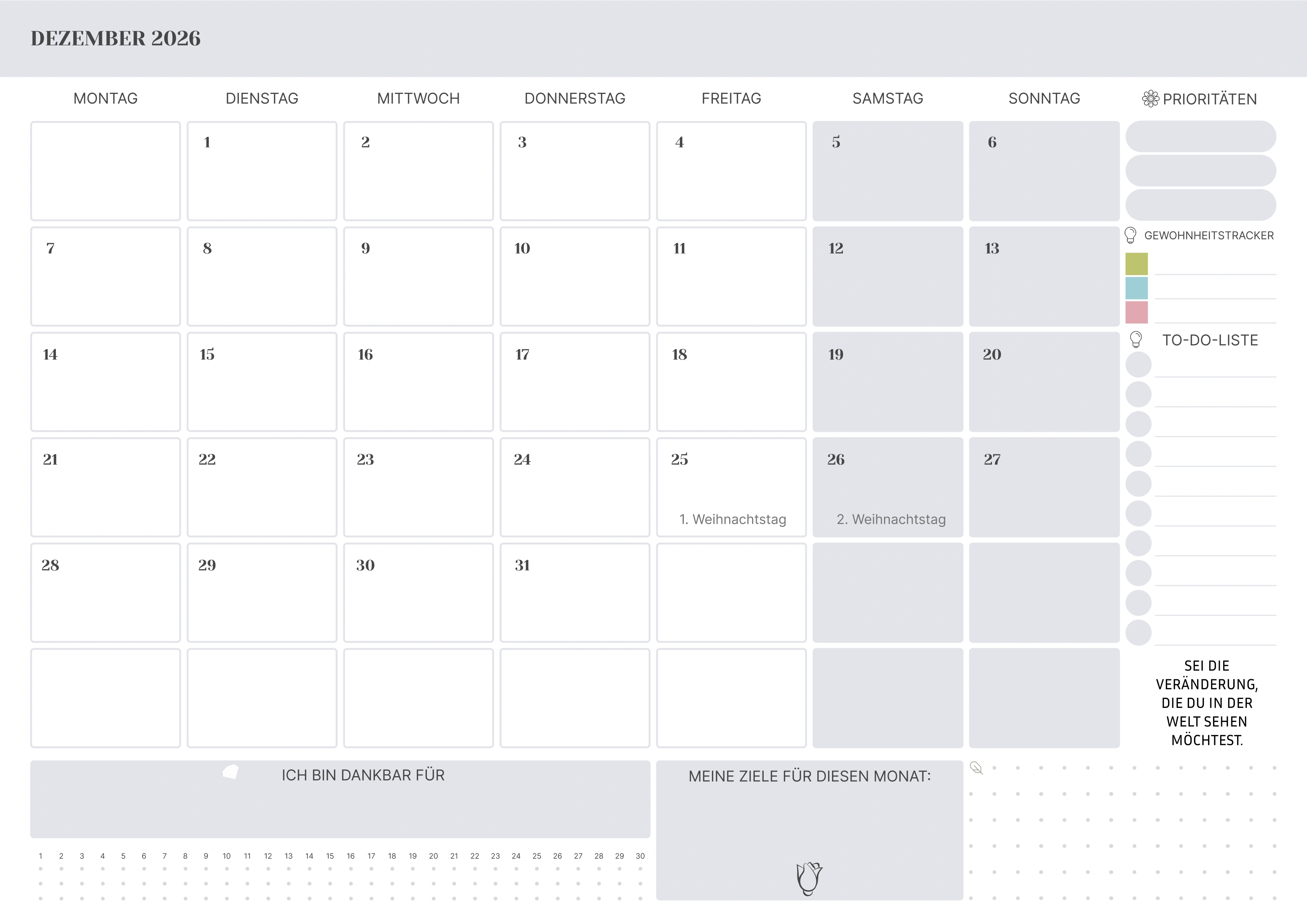 Dezember Kalender 2026 mit Feiertagen