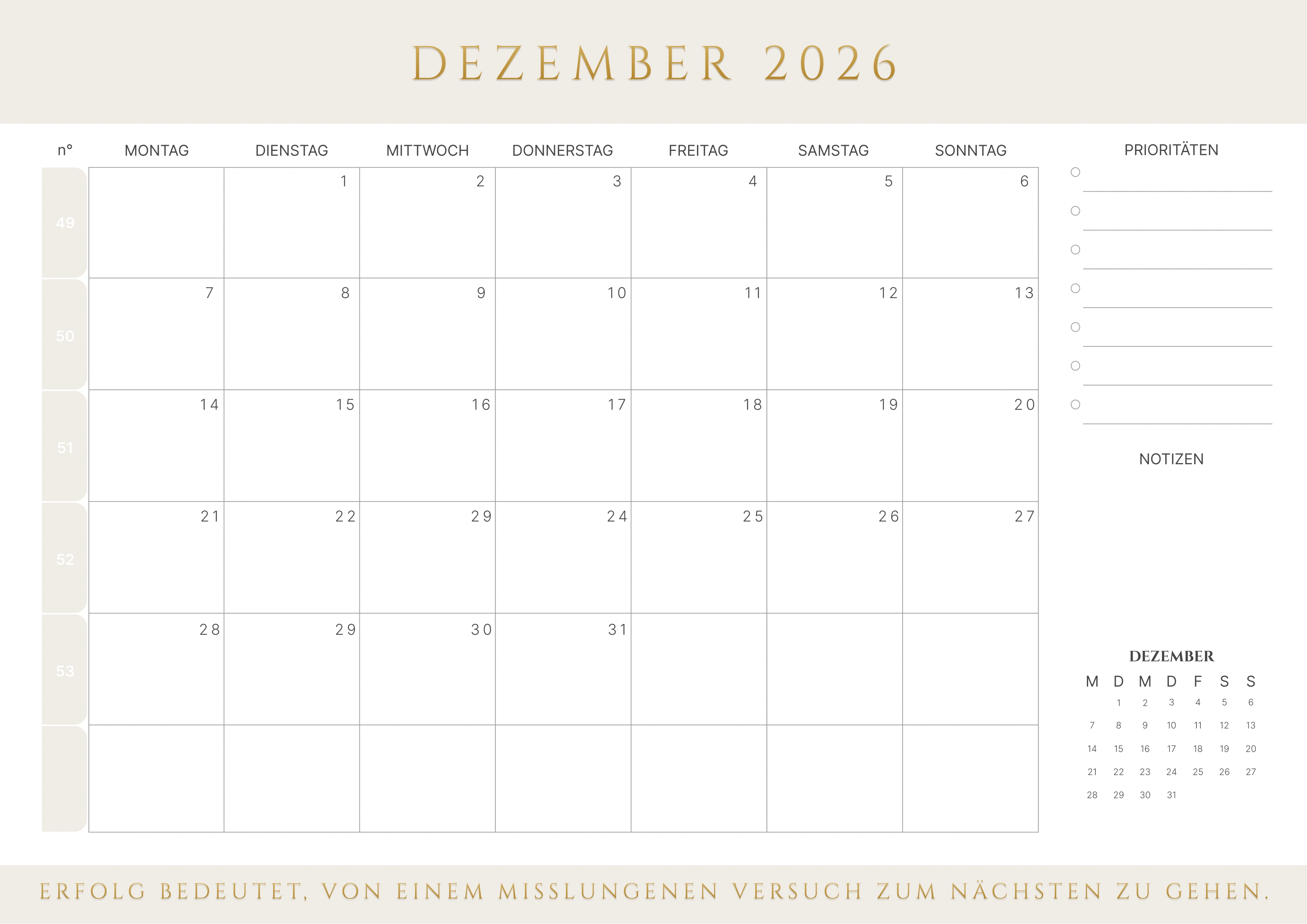 Dezember Kalender 2026 mit Kalenderwochen