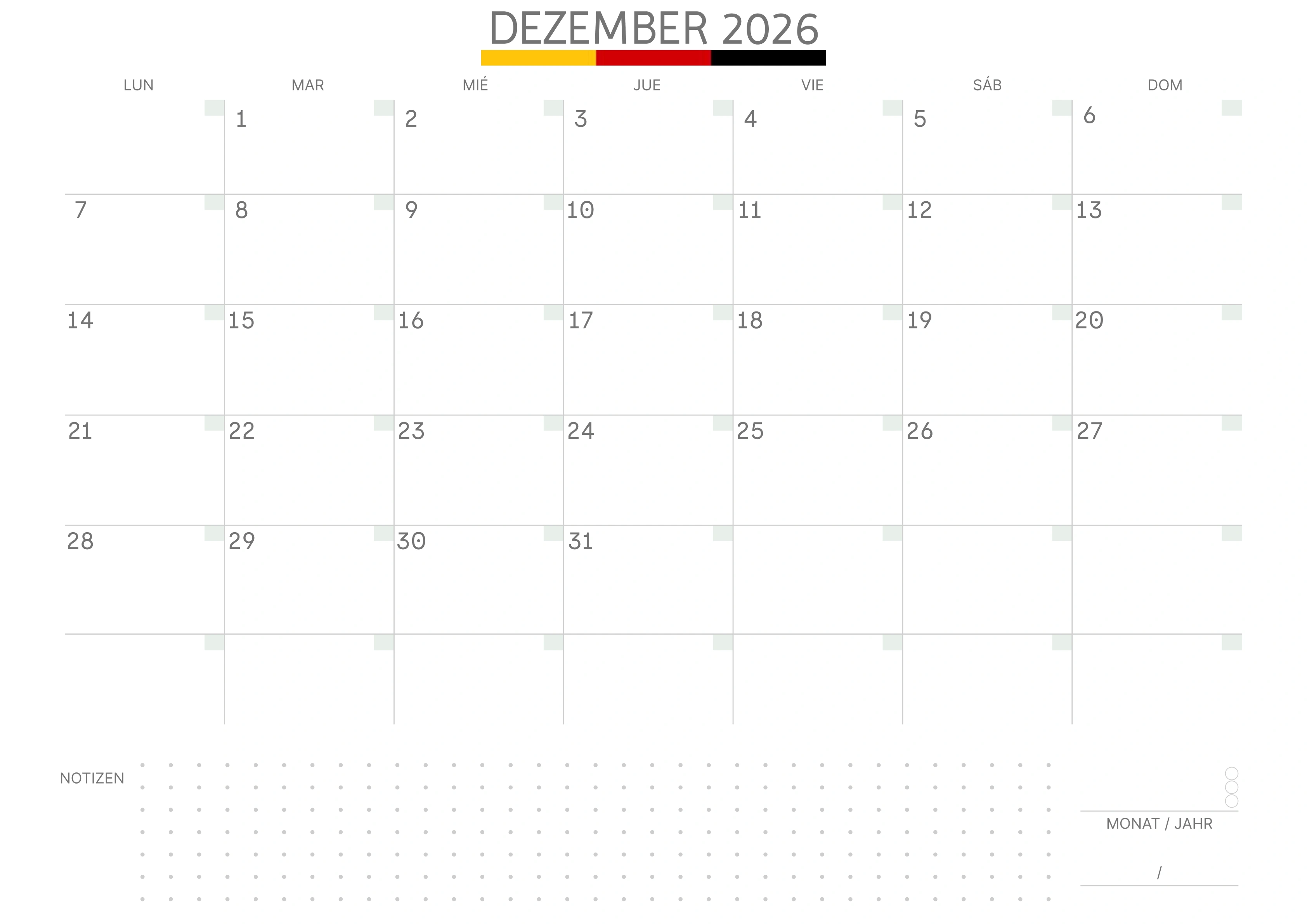 Dezember Kalender 2026 mit Notizen
